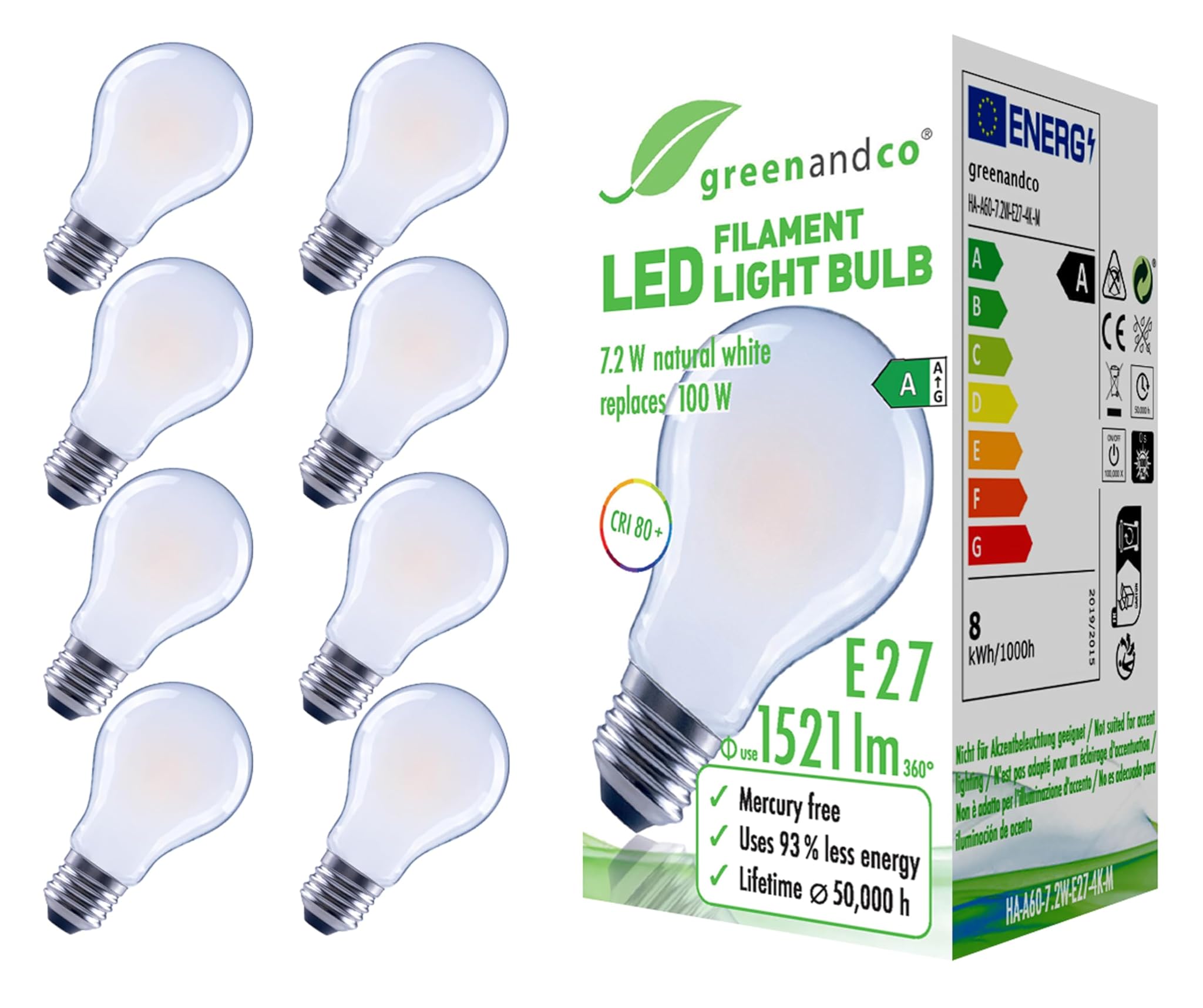 Greenandco 8 Lampadine Filamento LED E27 A60 7,2W