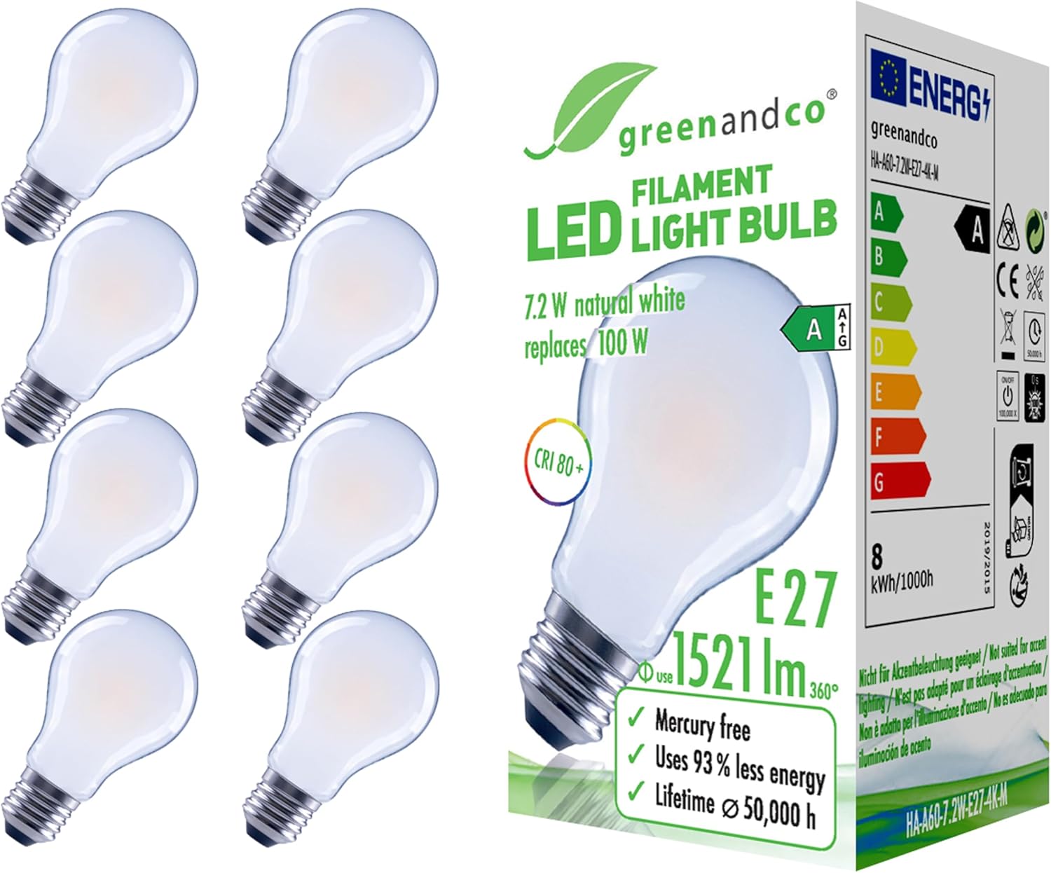 Greenandco 8 Lampadine Filamento LED E27 A60 7,2W - immagine 1