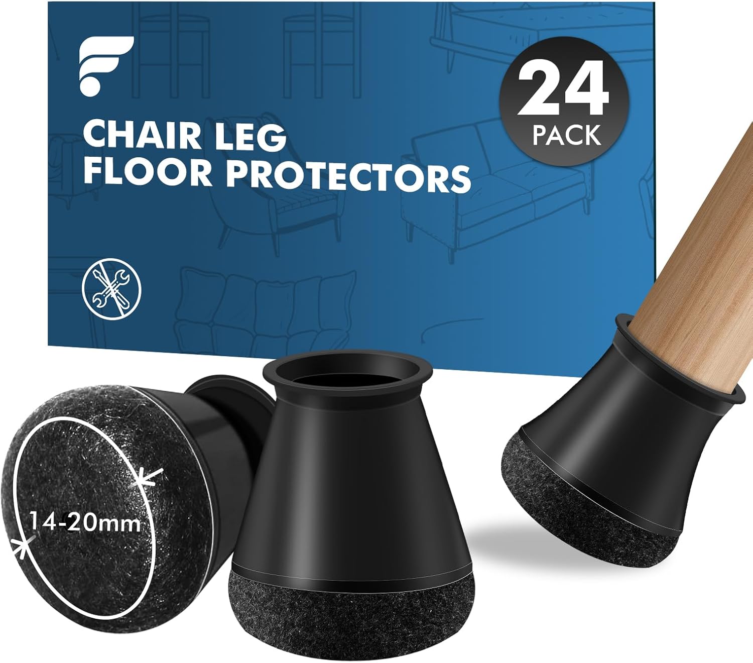 Gommini per Sedie Rotondi Silicone con Feltro 24 Pezzi, Nero - immagine 1