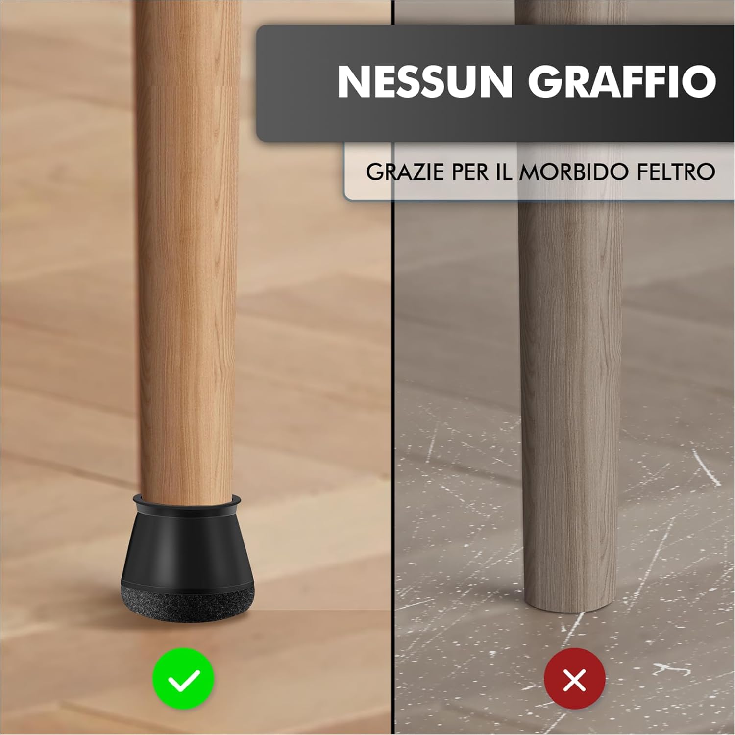 Gommini per Sedie Rotondi Silicone con Feltro 24 Pezzi, Nero - immagine 4