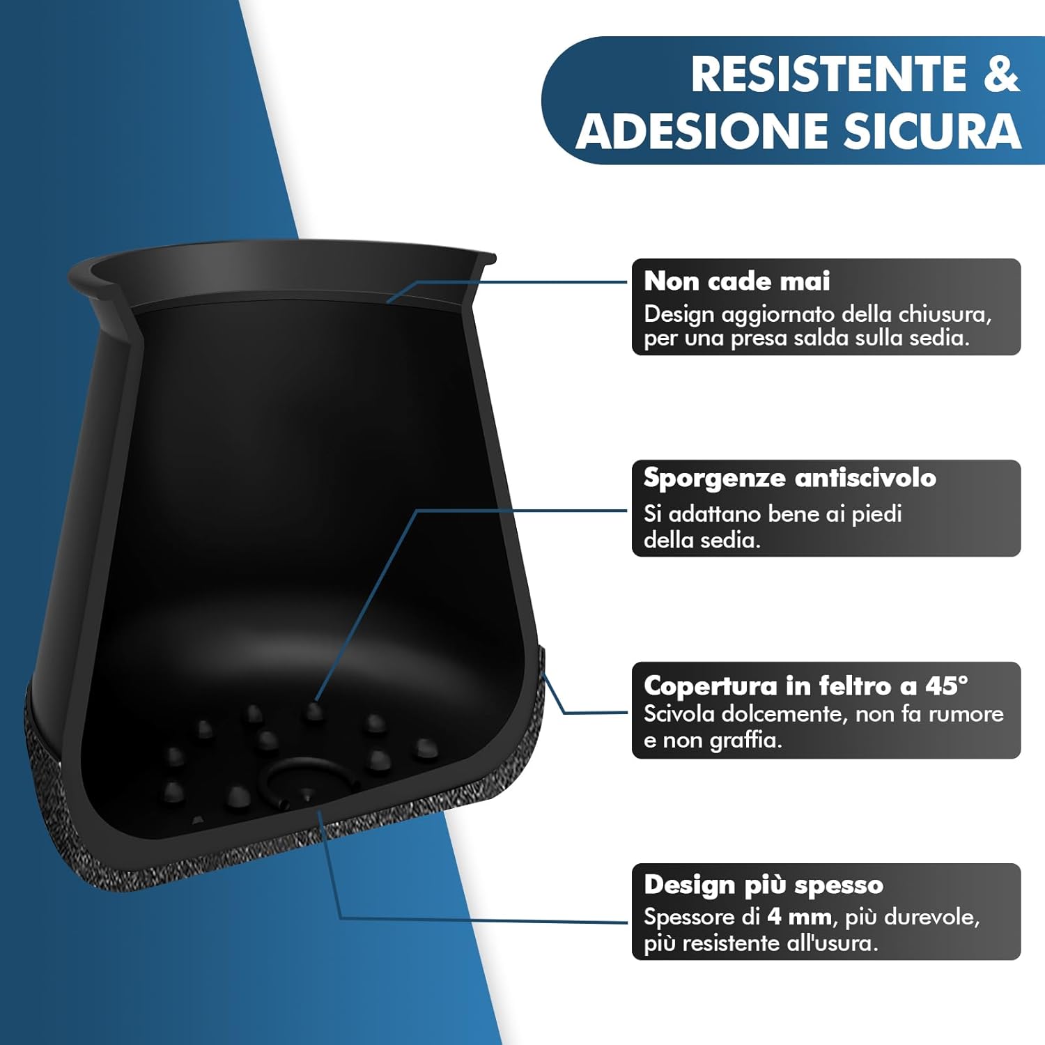 Gommini per Sedie Rotondi Silicone con Feltro 24 Pezzi, Nero - immagine 6