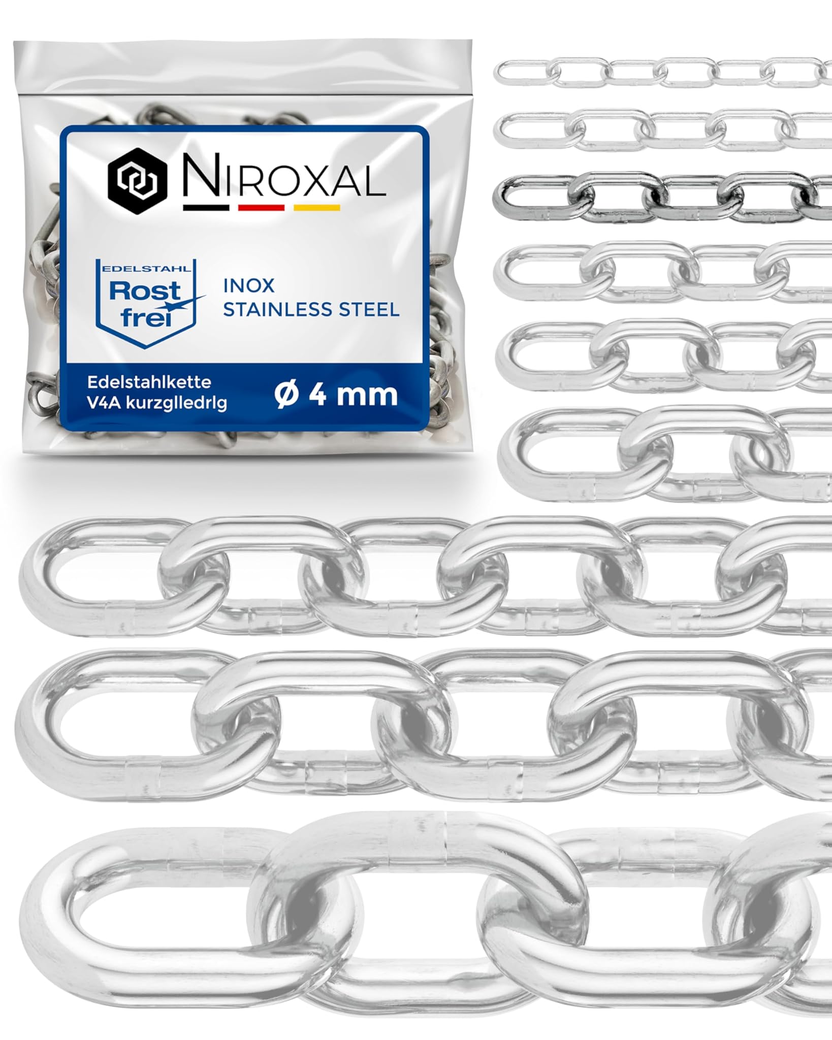 Catena Acciaio Inox V4A a Maglia Corta 4mm, 50 Metri