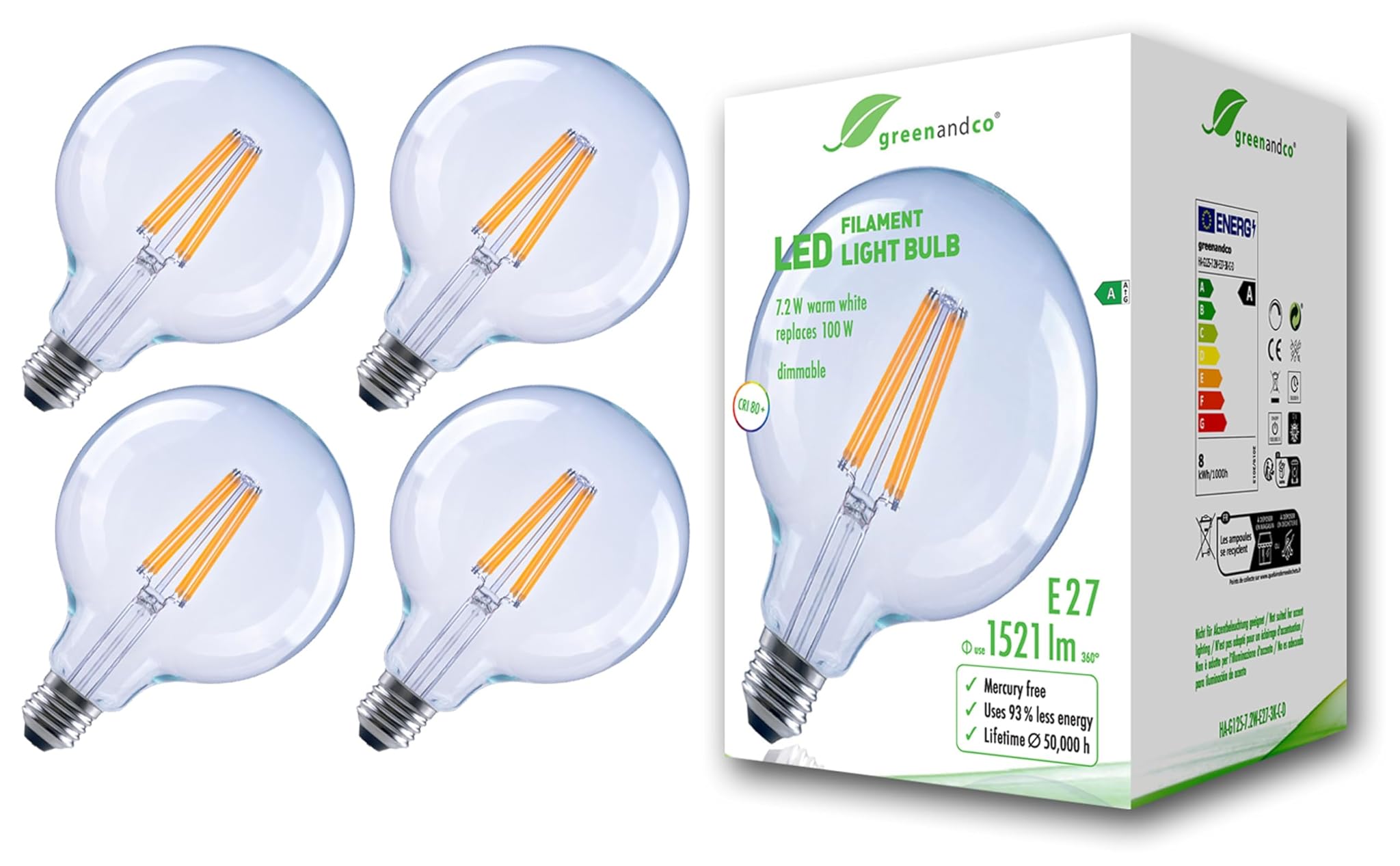Greenandco Lampadine a Filamento LED E27 G125, 4 Pezzi