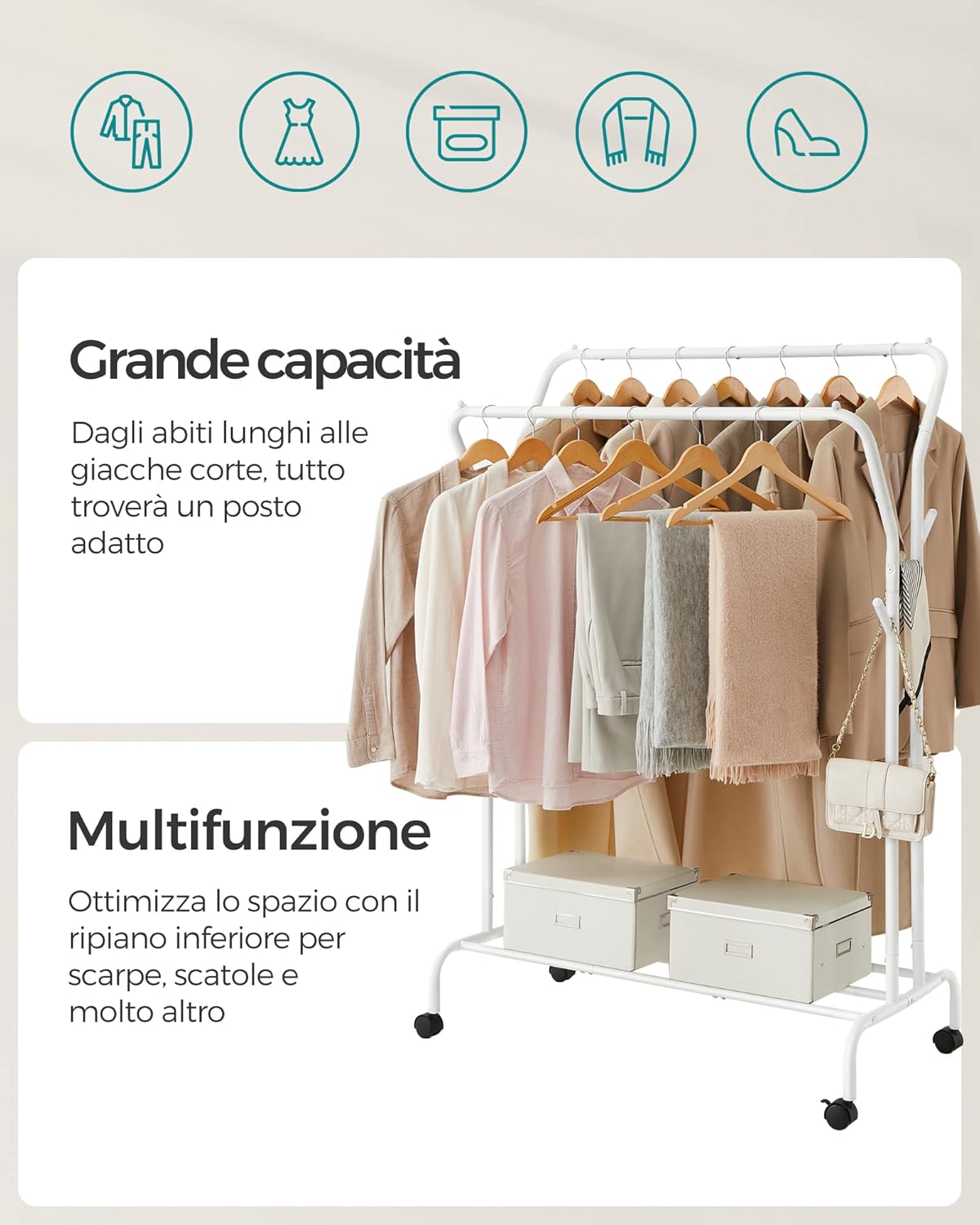 Songmics Stand Appendiabiti Doppio con Ruote, Bianco - immagine 3