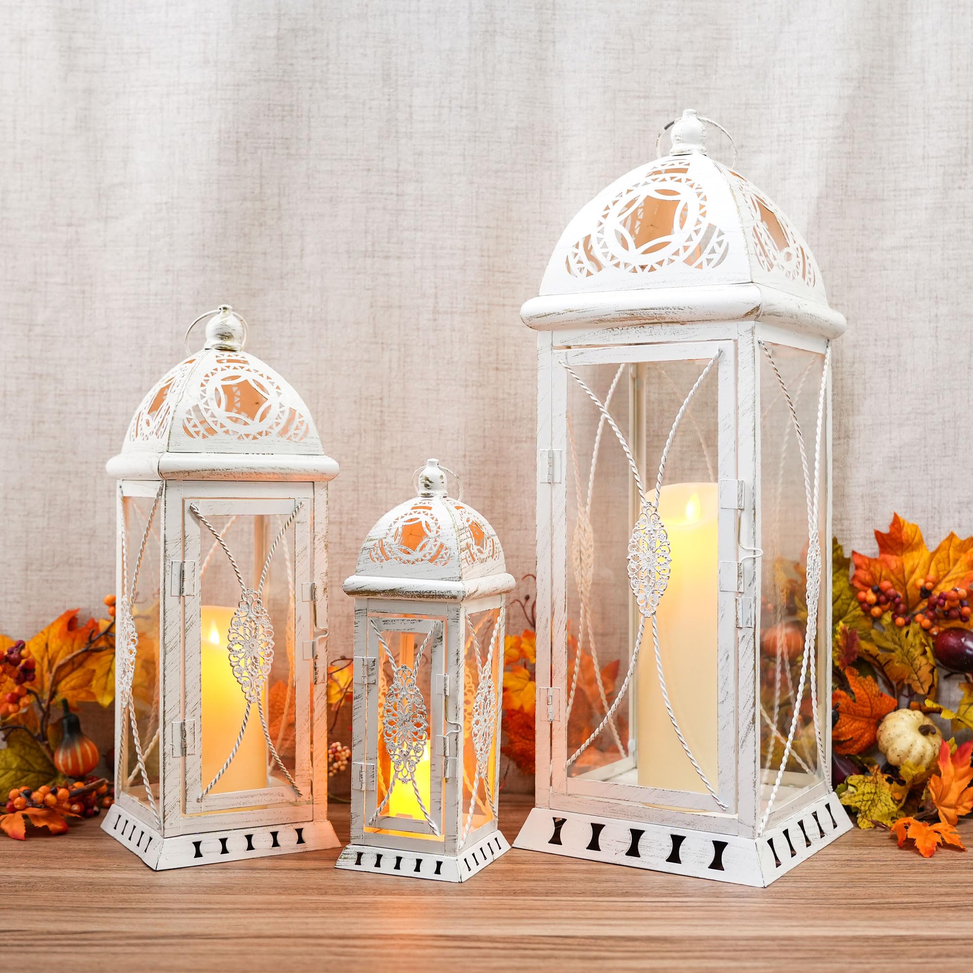 Trirocks Set di 3 Lanterne Decorative in Metallo Beige