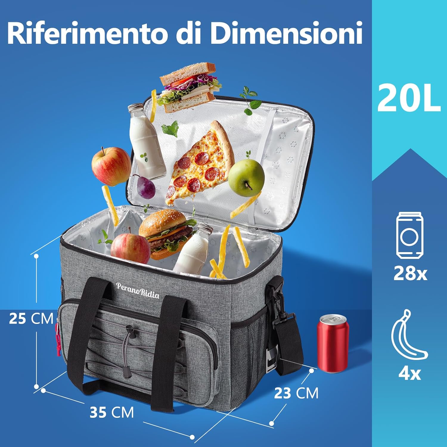 Peranoridia Borsa Termica 20 Litri, Grigio - immagine 5
