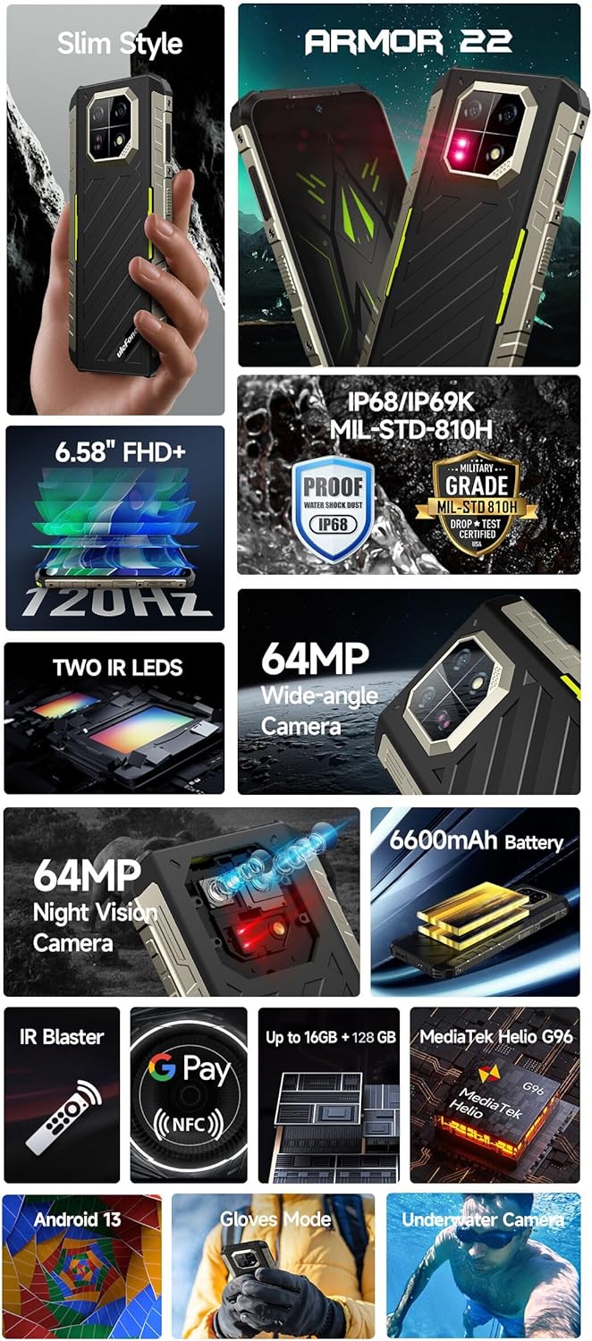 Ulefone ARMOR 22 - Smartphone Rugged 16GB+128GB, Verde - immagine 2