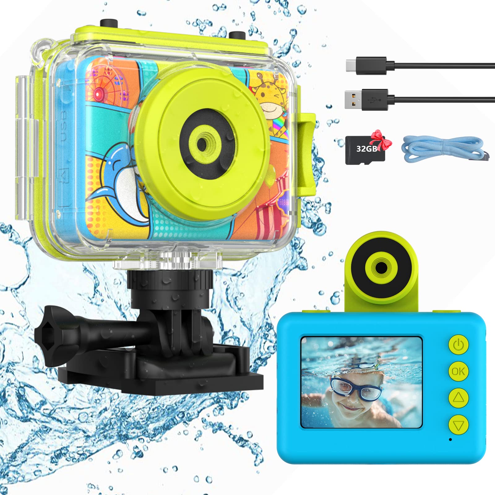 Ushining Fotocamera Impermeabile Bambini HD 1080P, Blu
