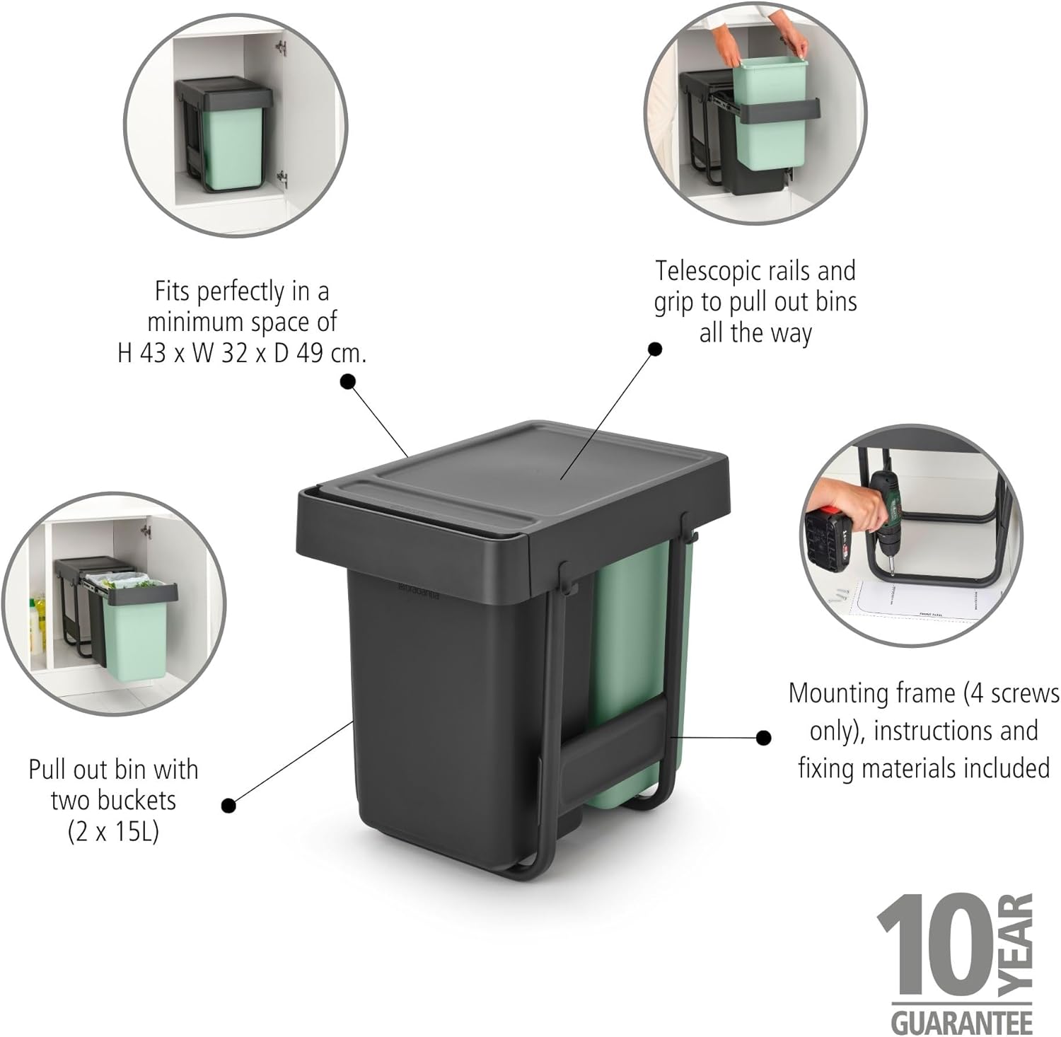 Brabantia Sort&Go Pattumiera Estraibile 2x15L - immagine 4