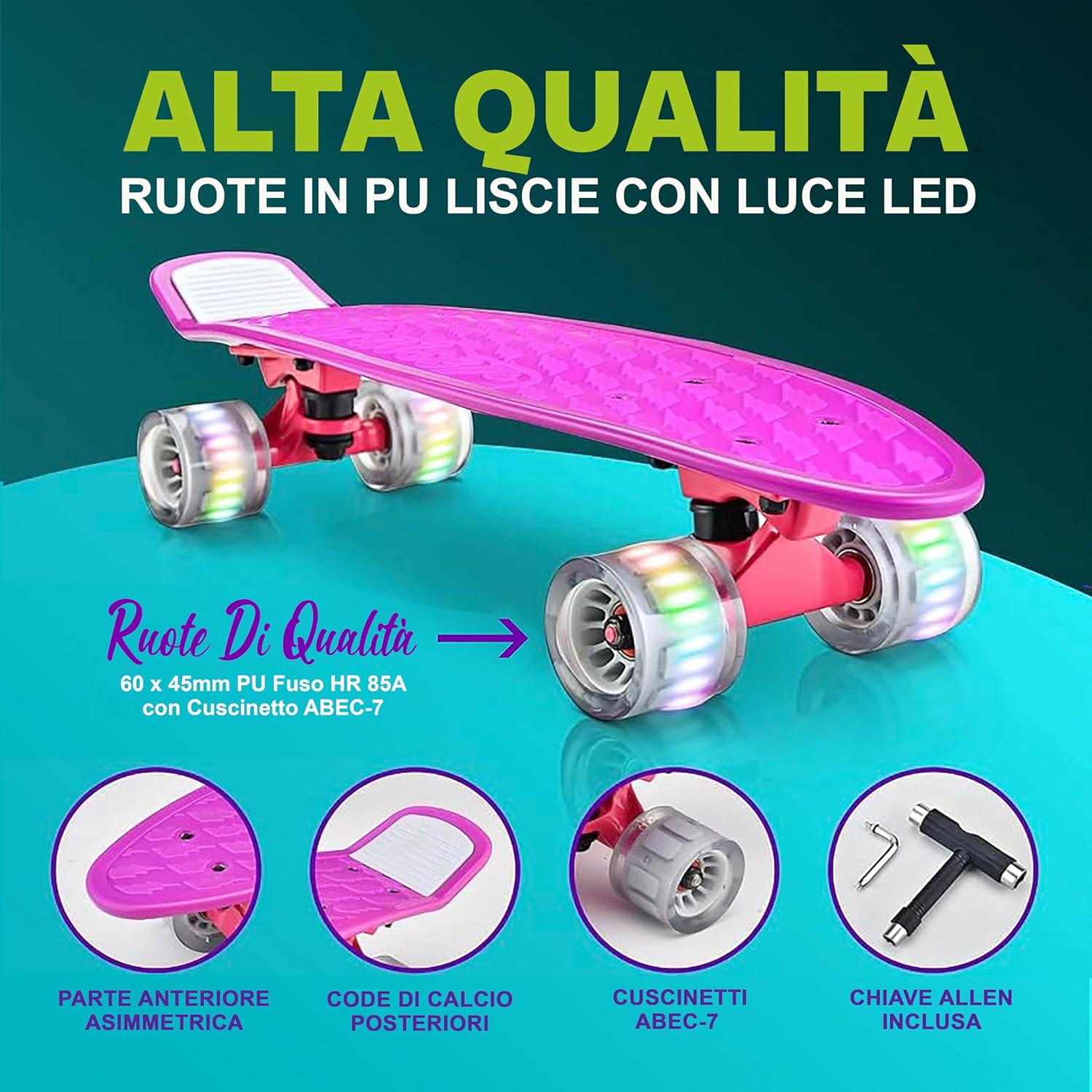 Hurtle Skateboard Mini Cruiser con Ruote LED - immagine 6