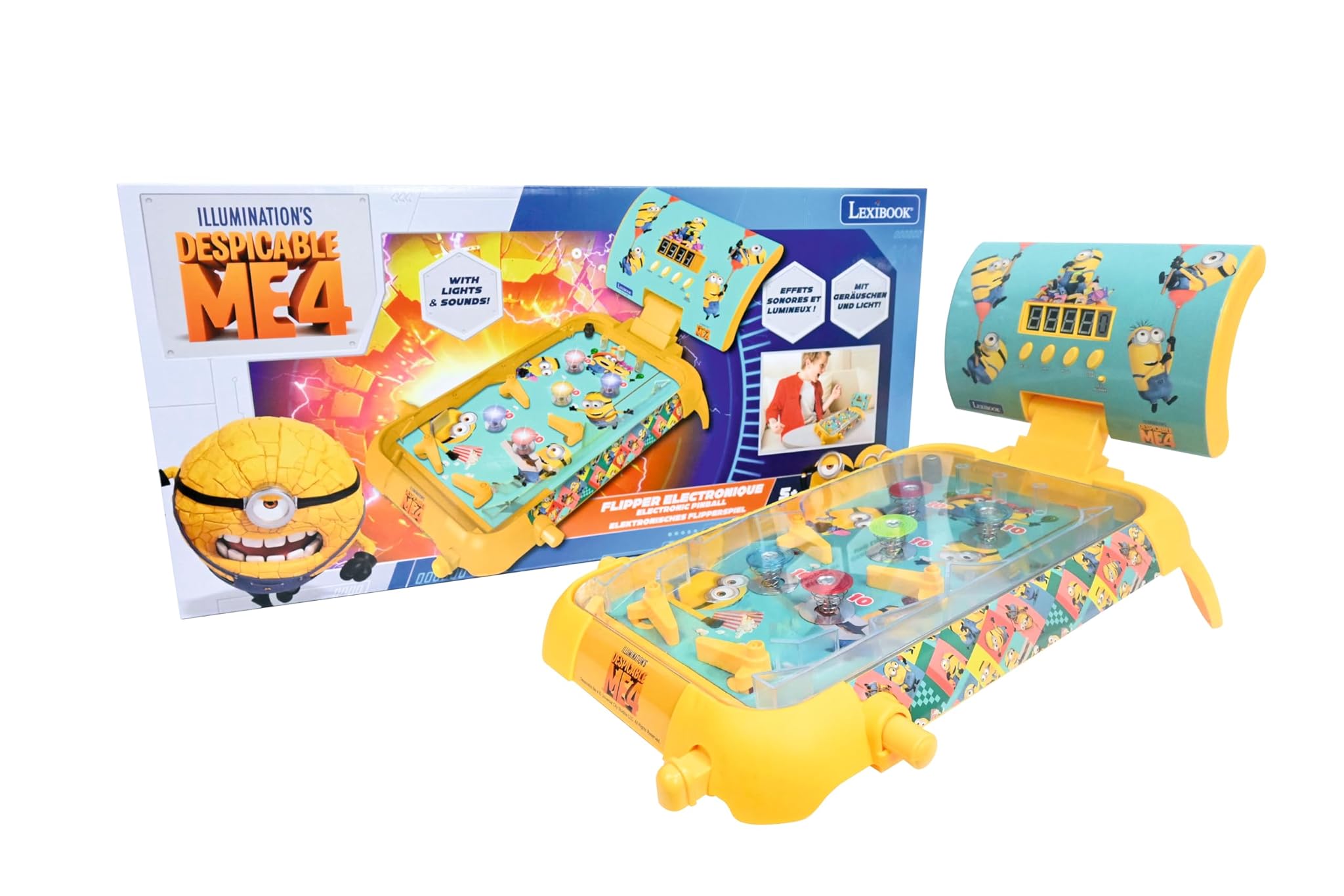 Lexibook, Cattivissimo Me, Flipper elettronico Minions, Gioco d'azione e di riflessi per Bambini e Famiglie, Schermo LCD, Effetti Luminosi e sonori, Giallo/Blu, JG610DES
