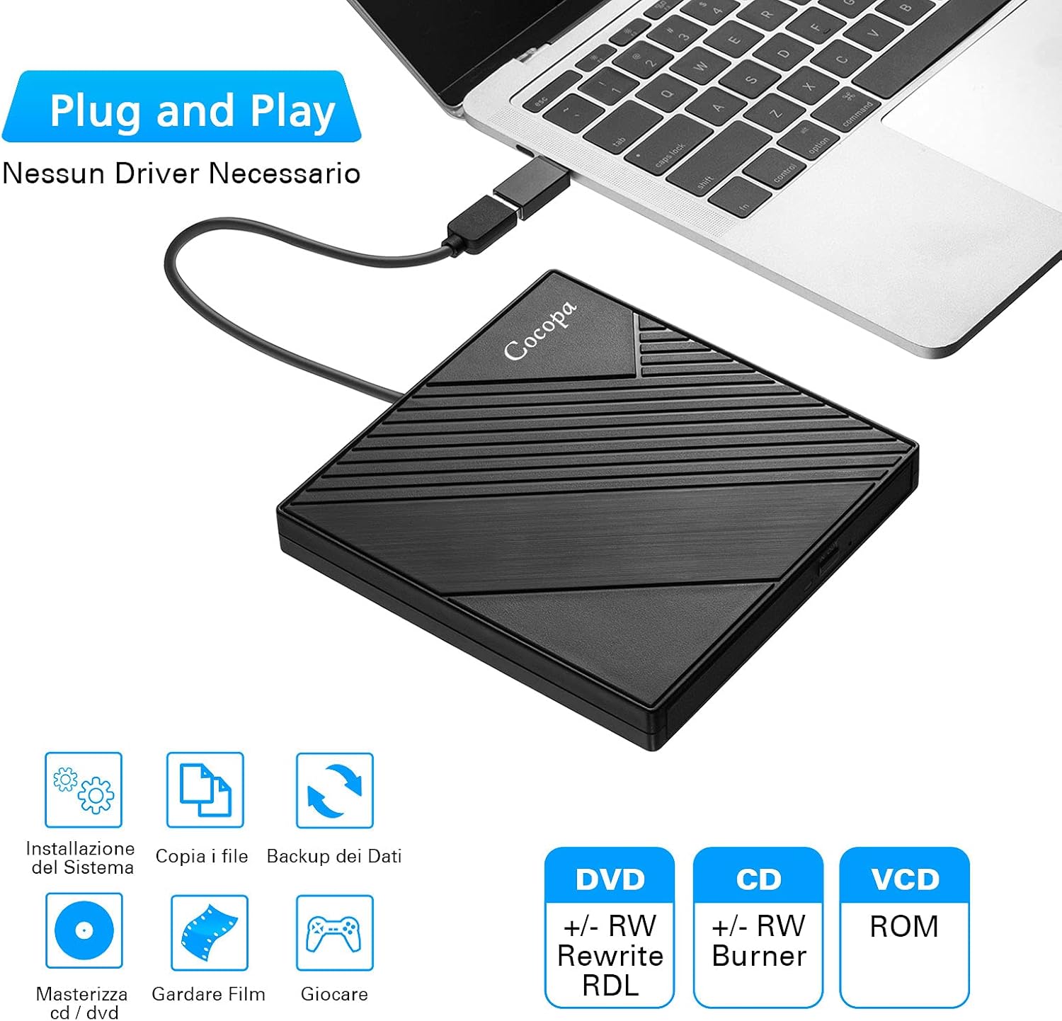 Cocopa Masterizzatore CD DVD Esterno USB 3.0/USB-C - immagine 2