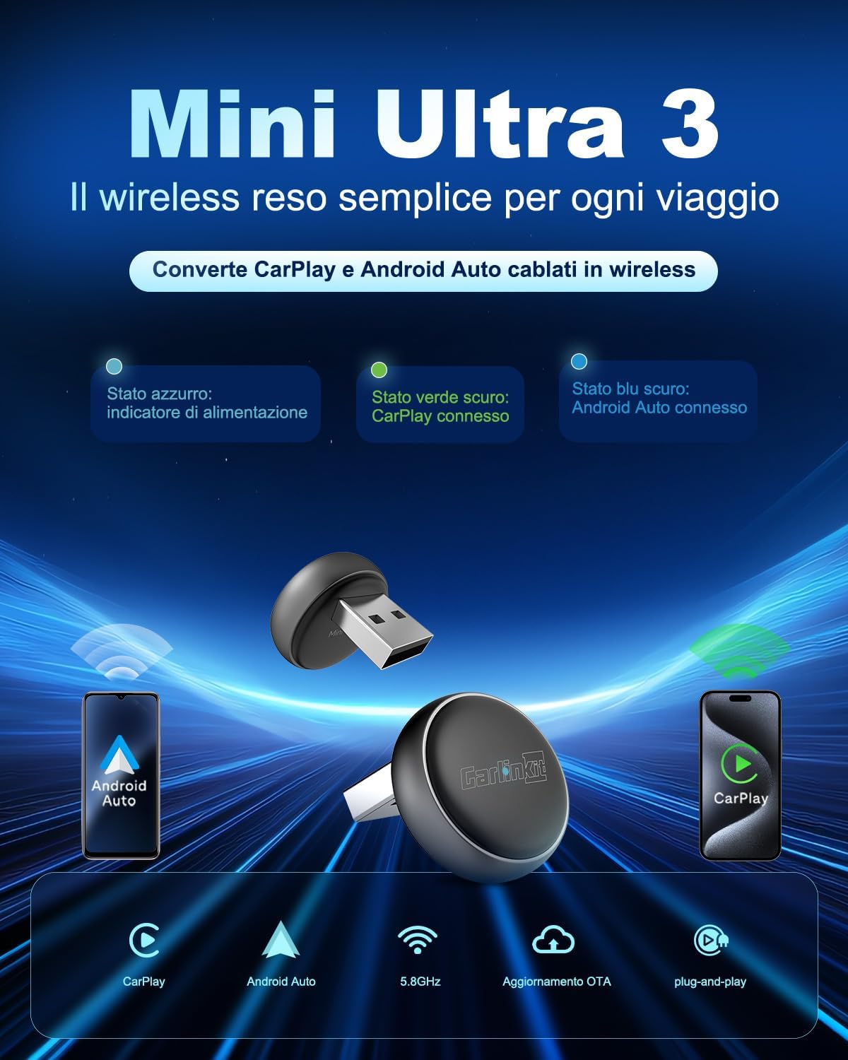 Carlinkit Adattatore Wireless CarPlay e Android Auto Mini Ultra 3 - immagine 2