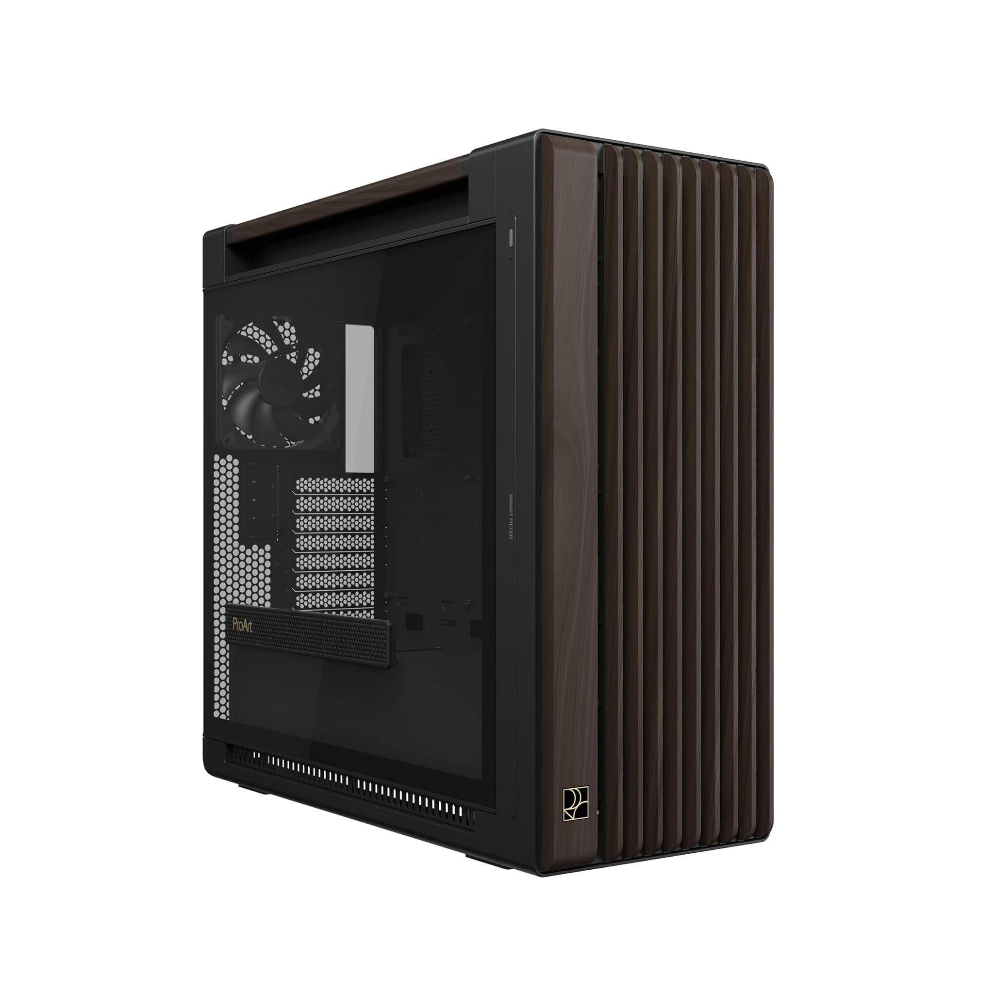 ASUS ProArt PA602 Walnut Wood TG PWM MODERN BLACK, Case Gaming E-ATX in Legno e Vetro Temperato, Ventole da 140 mm e 200 mm, Rilevatore di Polvere IR, Presa d’aria Laterale, 5 Porte USB, Nero