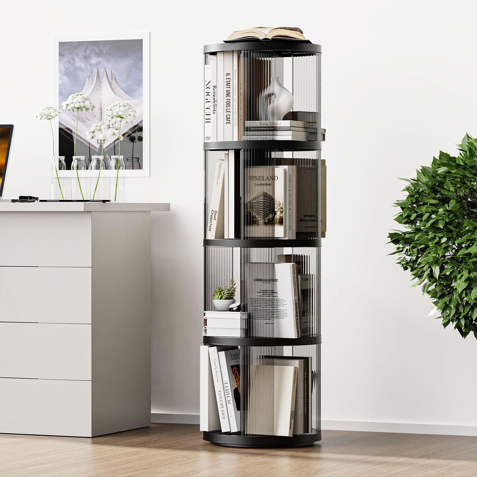 Elpheco Libreria Girevole 360° a 4 Ripiani, Nera