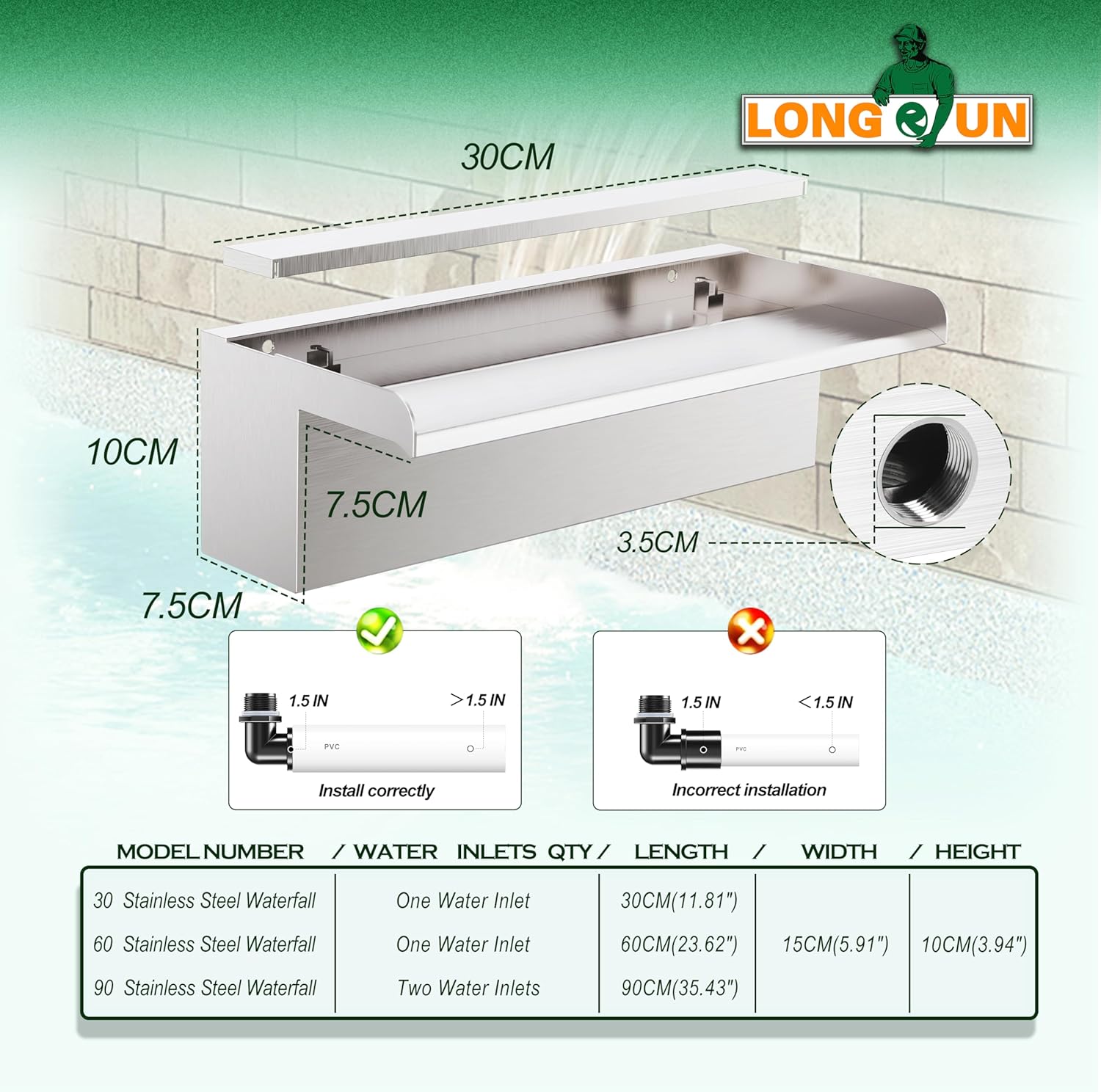 Longrun 30 cm in acciaio inox, larghezza 15 cm - immagine 2