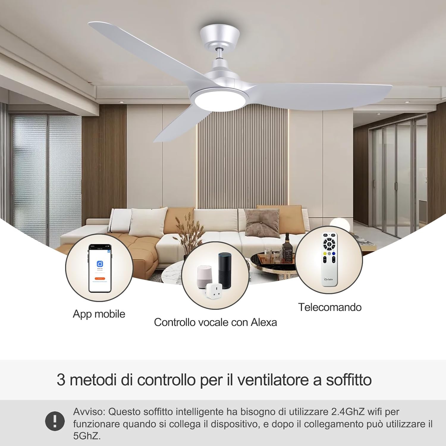 Ovlaim Ventilatore da Soffitto Smart 132cm, Argento - immagine 2