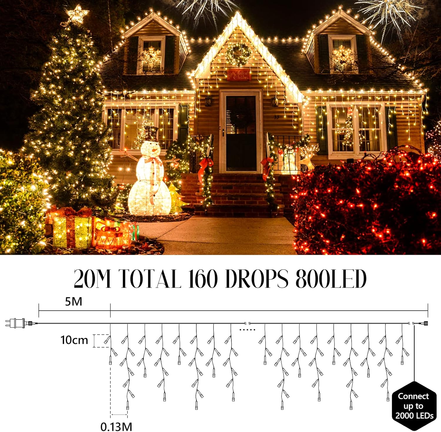 Elktry Luci Natale Esterno Cascata 800LED 20M, Bianco Caldo - immagine 3