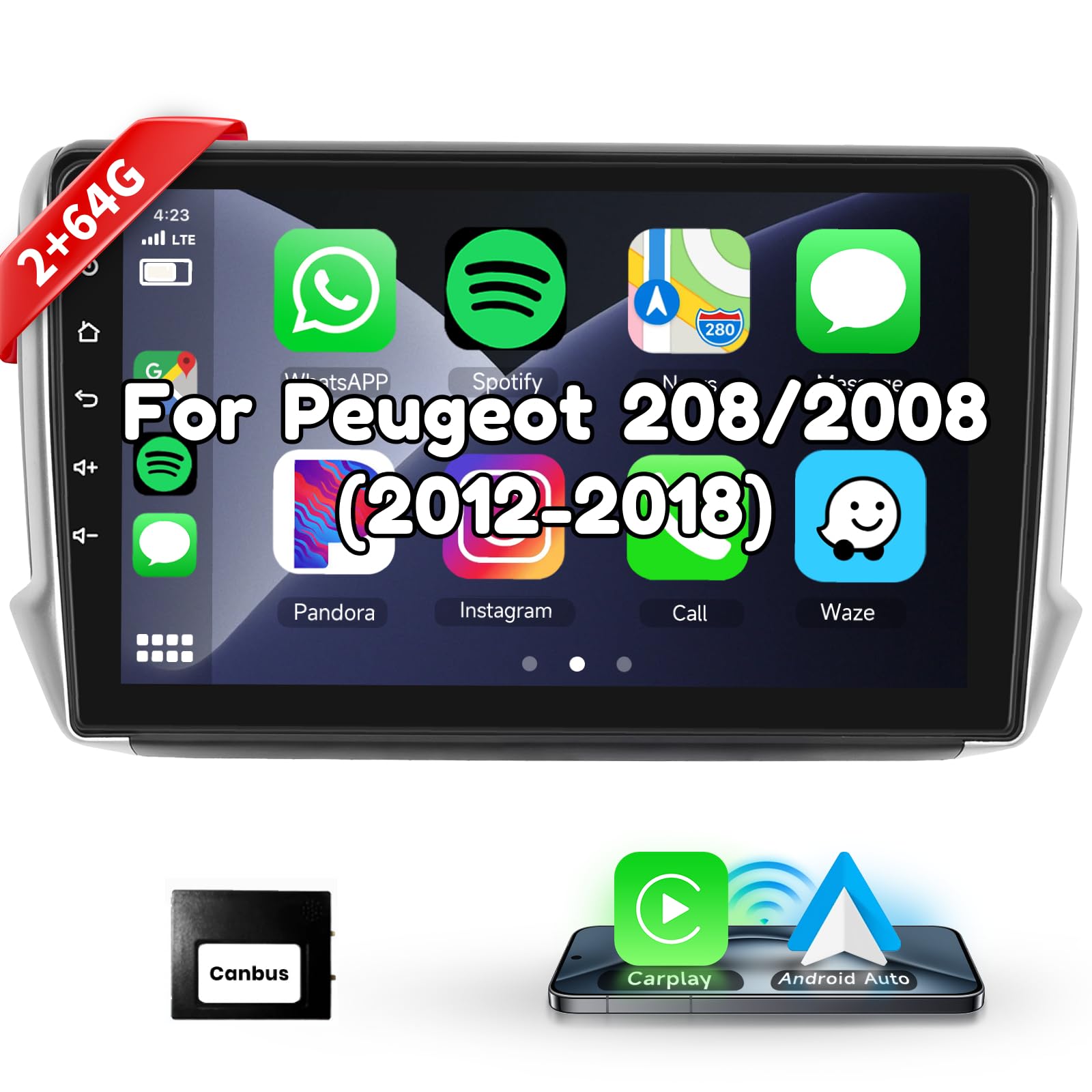 Podofo Autoradio Android 10'' per Peugeot 208/2008 2012-2018