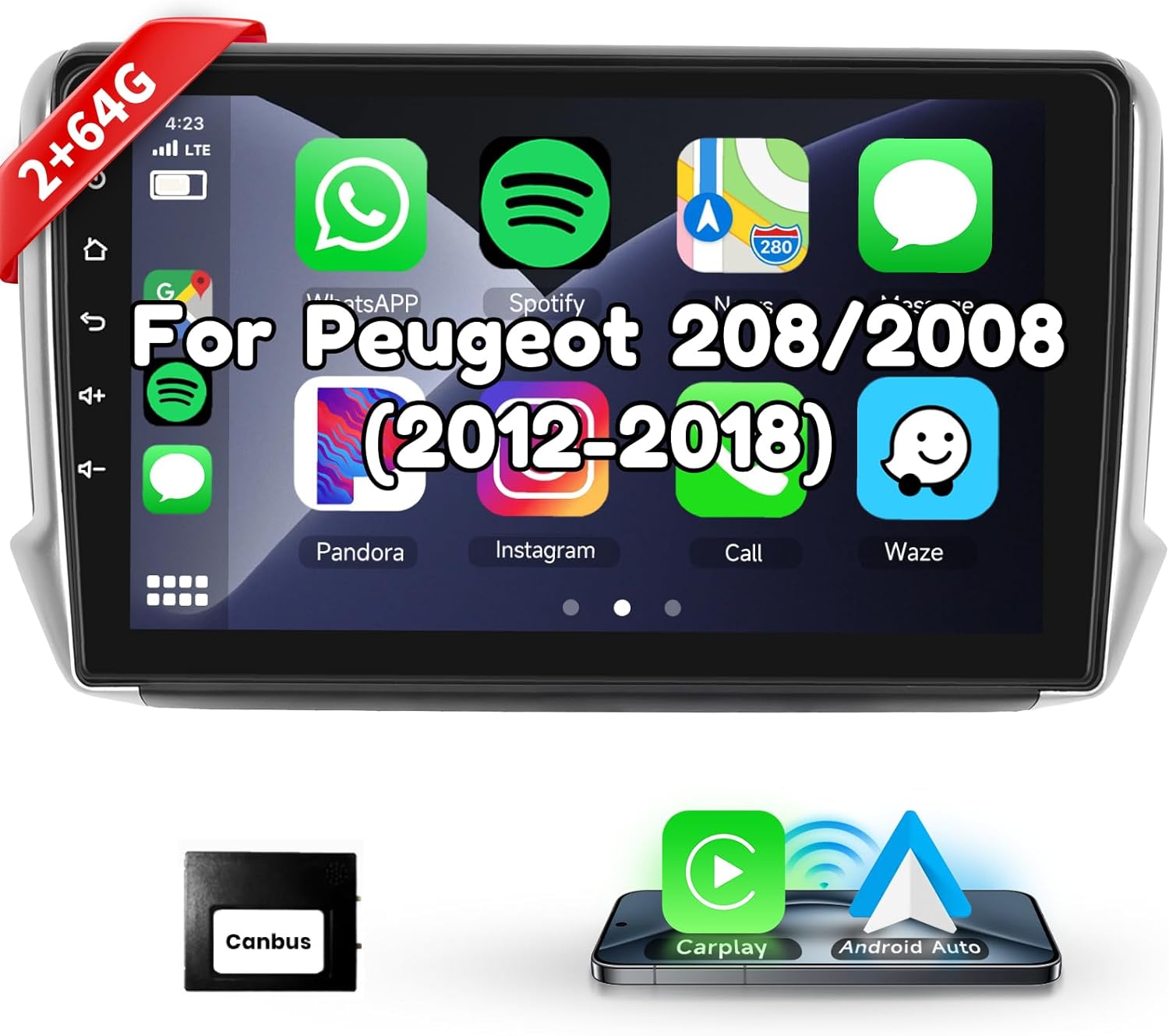 Podofo Autoradio Android 10'' per Peugeot 208/2008 2012-2018 - immagine 1