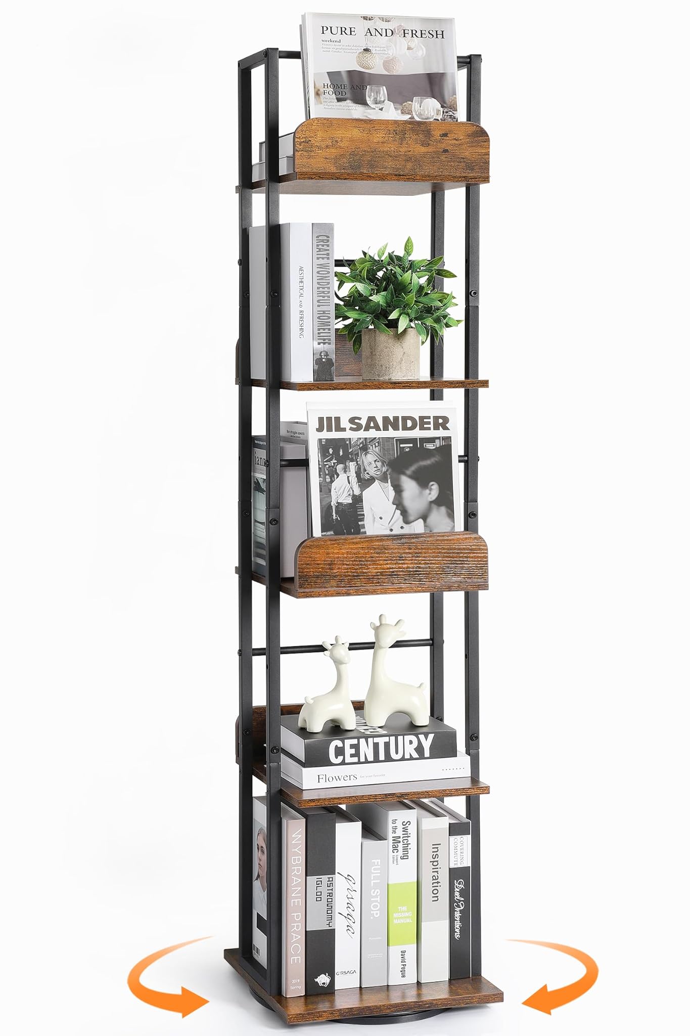 Bikoney Libreria a 5 Livelli Rotante - Legno e Metallo Nero