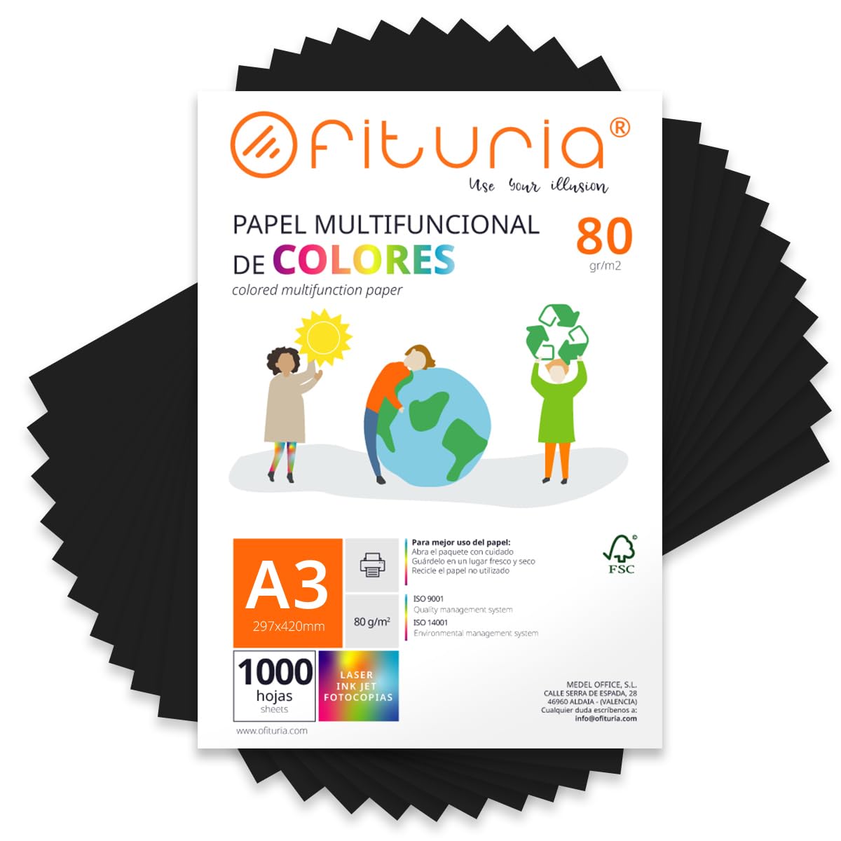 Fogli Colorati A3 80gr - 1000 Fogli, Nero