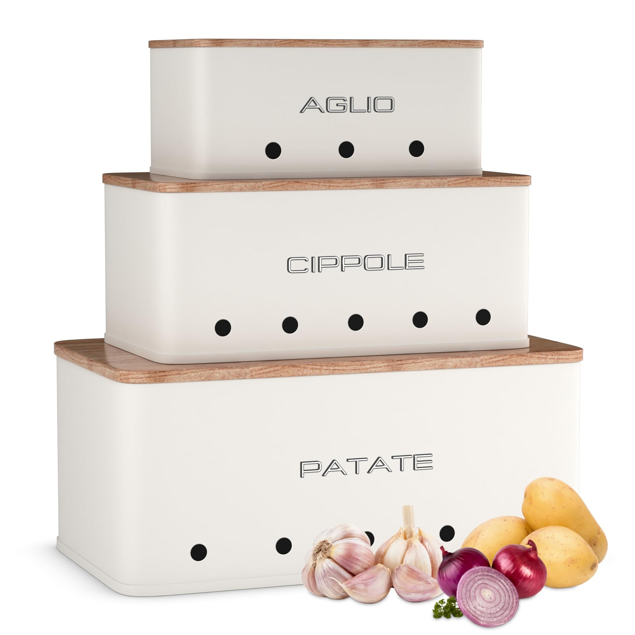 Set 3 Contenitori Porta Patate, Aglio e Cipolla, Bianco Opaco