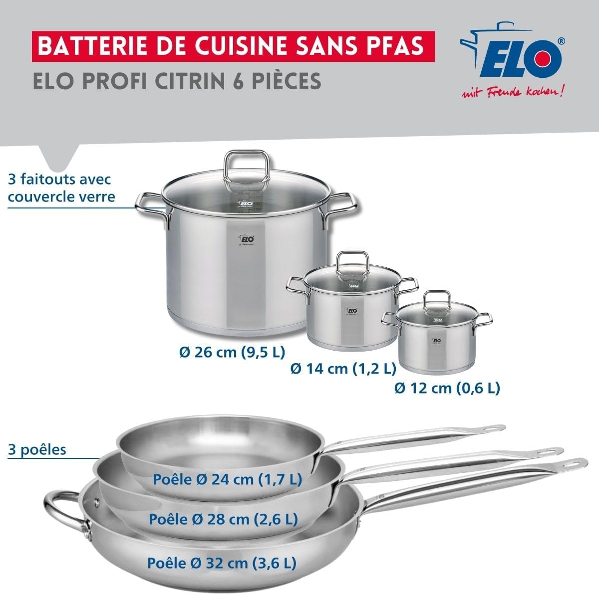 ELO Profi Citrin - Set 3 Padelle e 3 Pentole Acciaio Inox - immagine 2