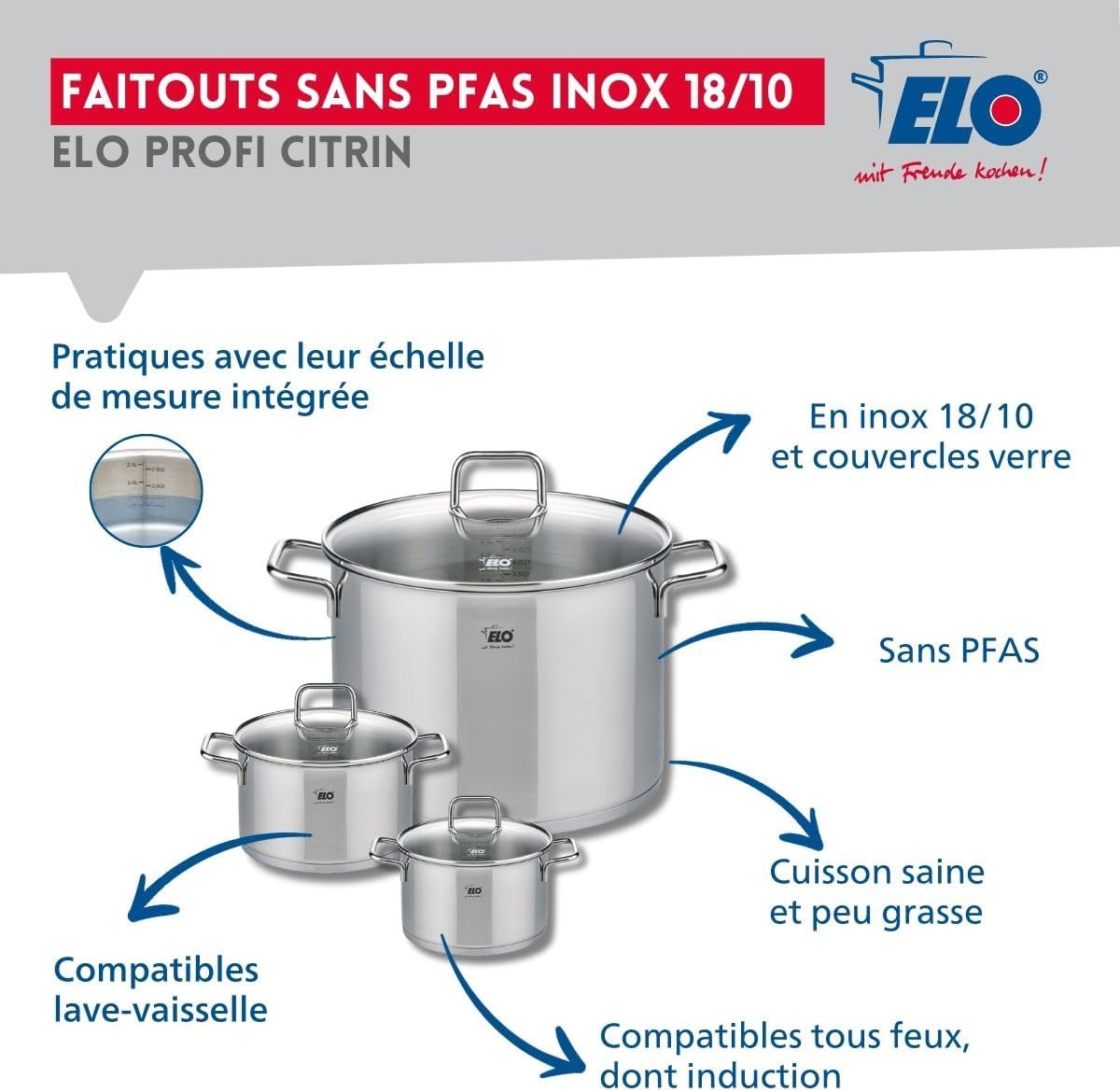 ELO Profi Citrin - Set 3 Padelle e 3 Pentole Acciaio Inox - immagine 3