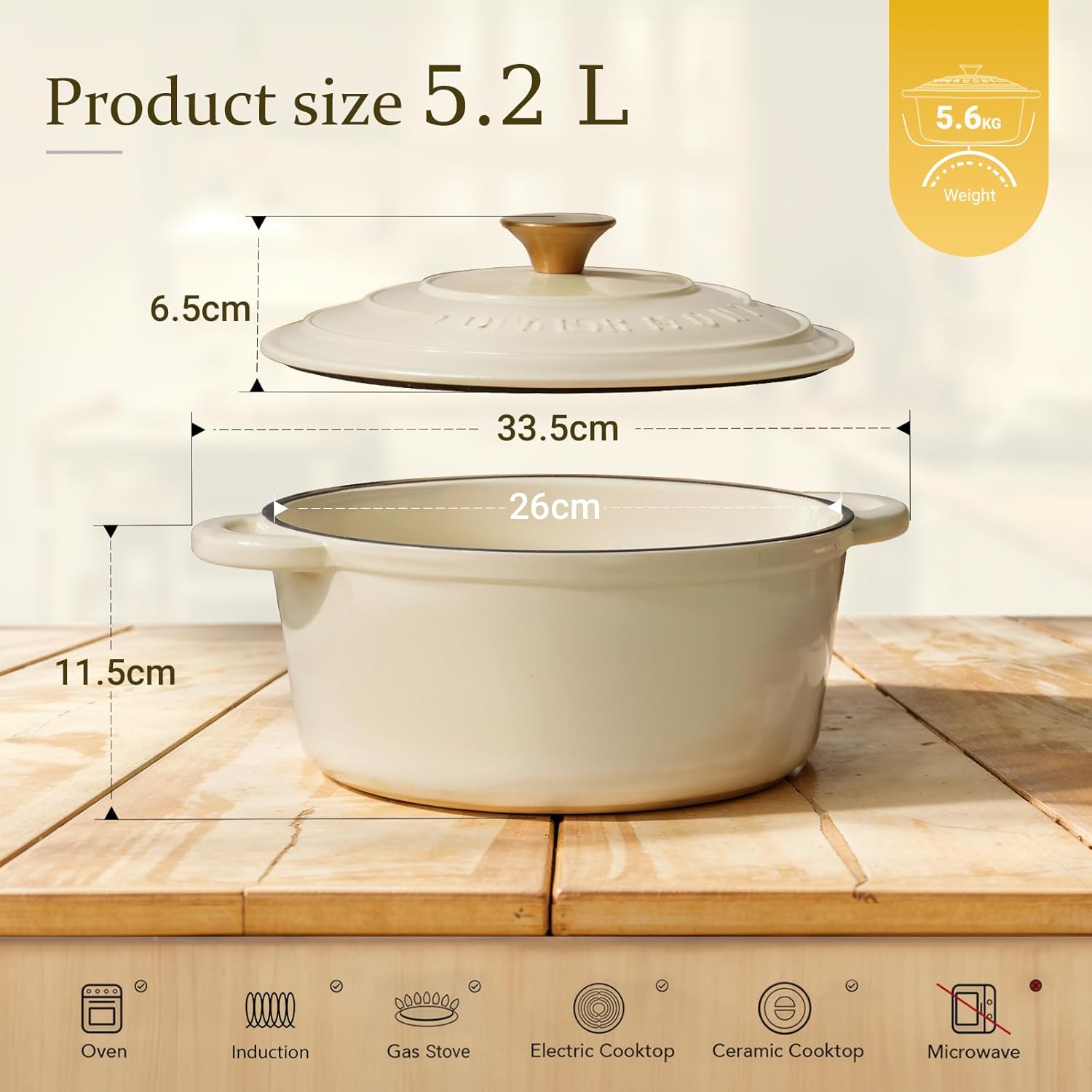 Overmont Pentola Ghisa Smaltata 26 CM 5,2L, Bianco - immagine 2