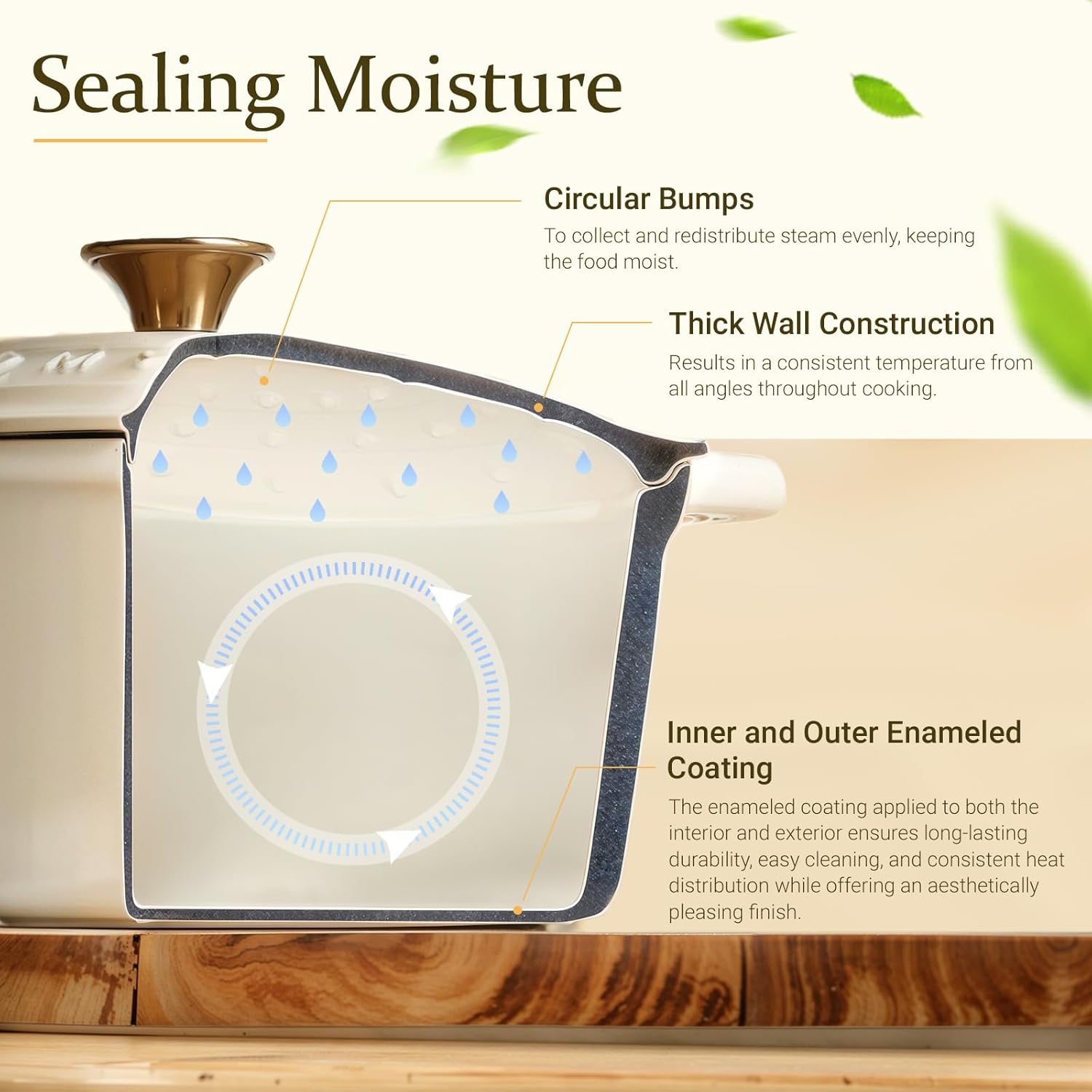 Overmont Pentola Ghisa Smaltata 26 CM 5,2L, Bianco - immagine 4