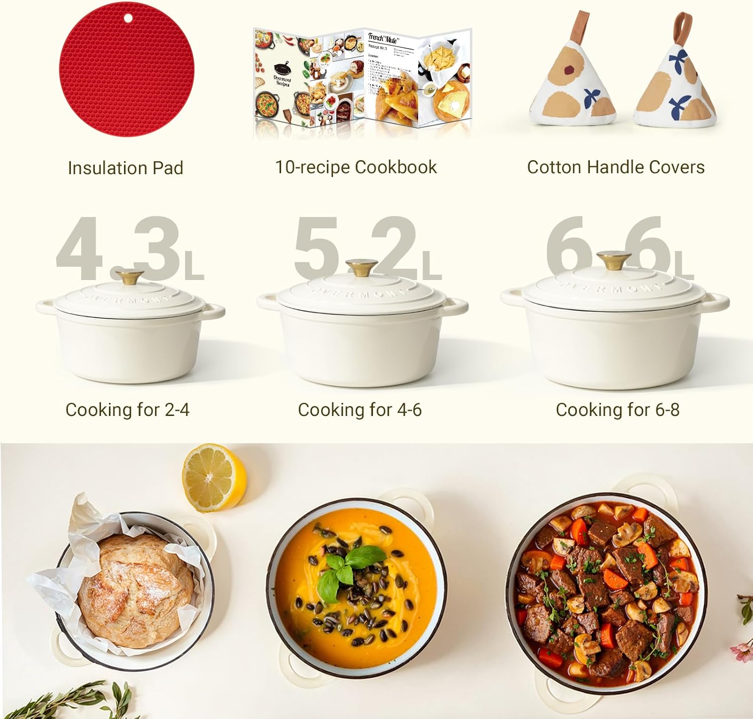 Overmont Pentola Ghisa Smaltata 26 CM 5,2L, Bianco - immagine 7