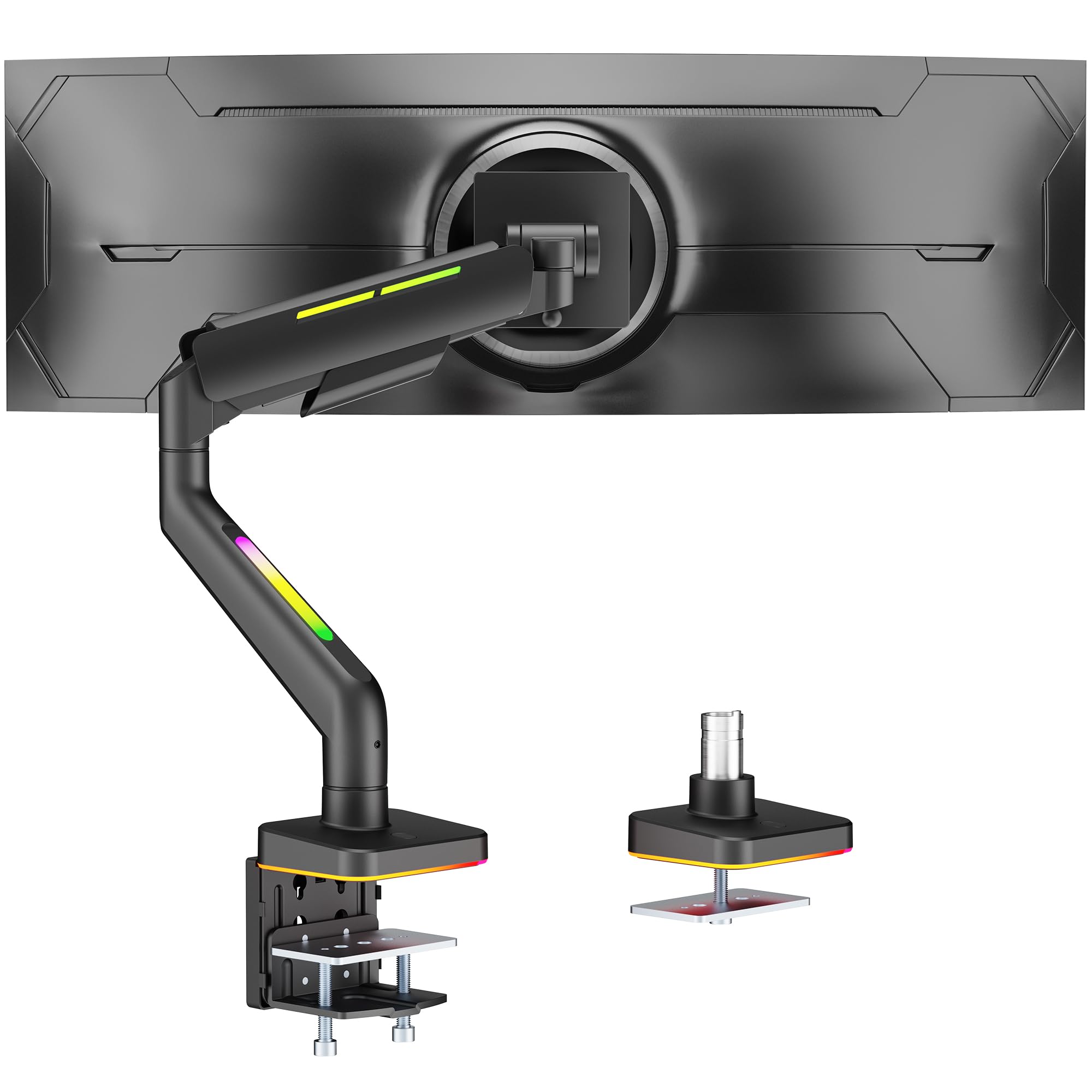 ARES WING Supporto per monitor da gioco RGB da 17 – 49 pollici/supporto per monitor pesanti (20 kg) e curvo, braccio regolabile in altezza, per gamer designato, nero