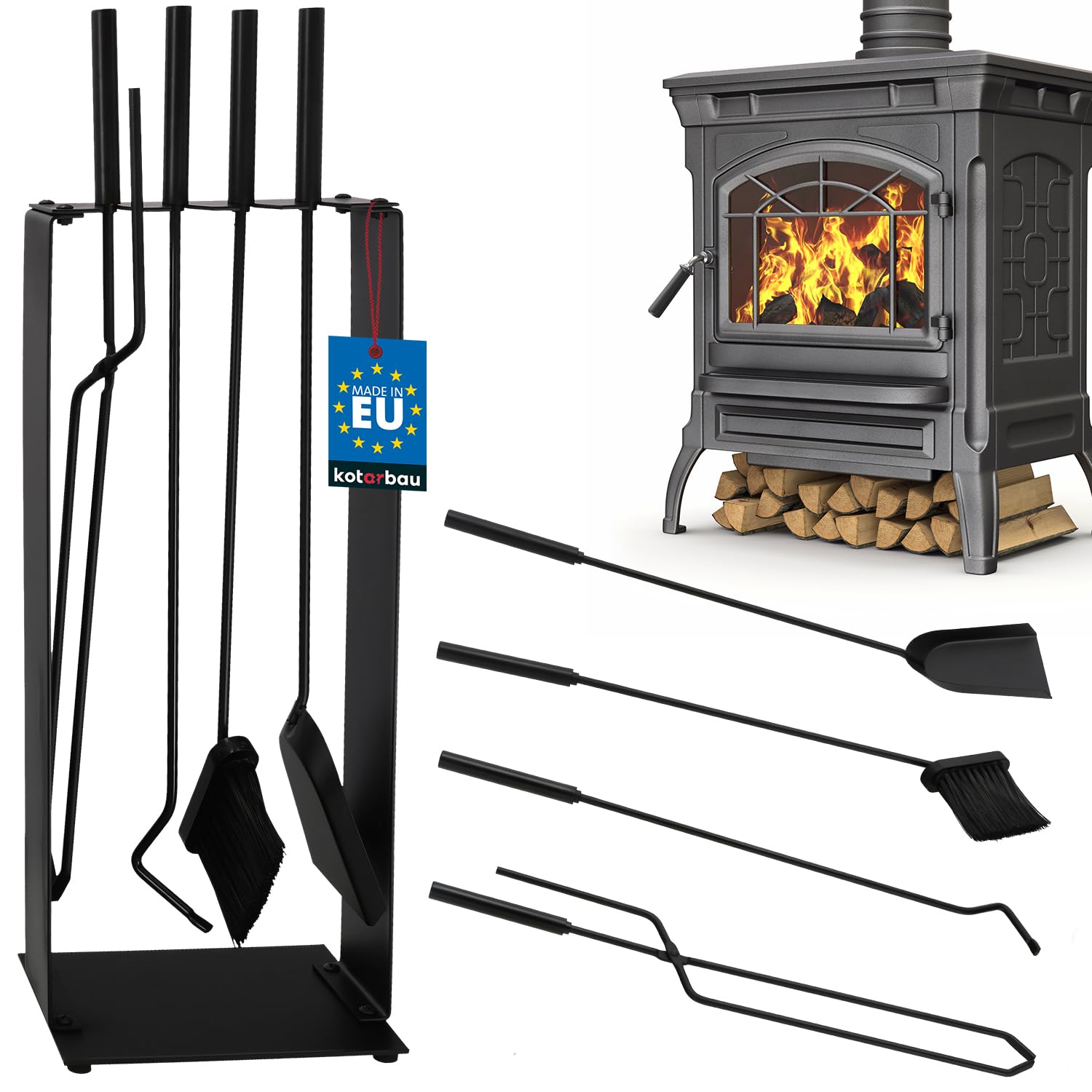 KOTARBAU® Set da camino in acciaio nero con supporto, 5 pezzi.