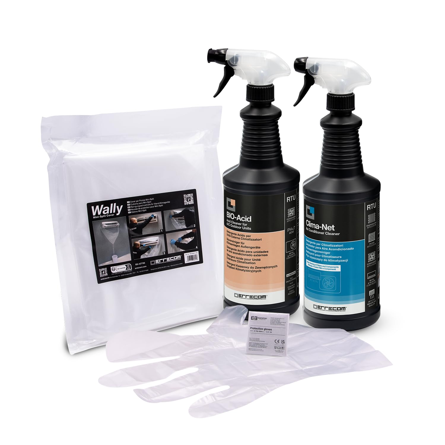 ERRECOM Kit Pulizia climatizzatori, Include Clima-Net 1L detergente Pulizia unità Interna e filtri, Cover Protettiva Wally, Bio Acid 1L detergente Acido biodegradabile Pulizia unità Esterna, Guanti