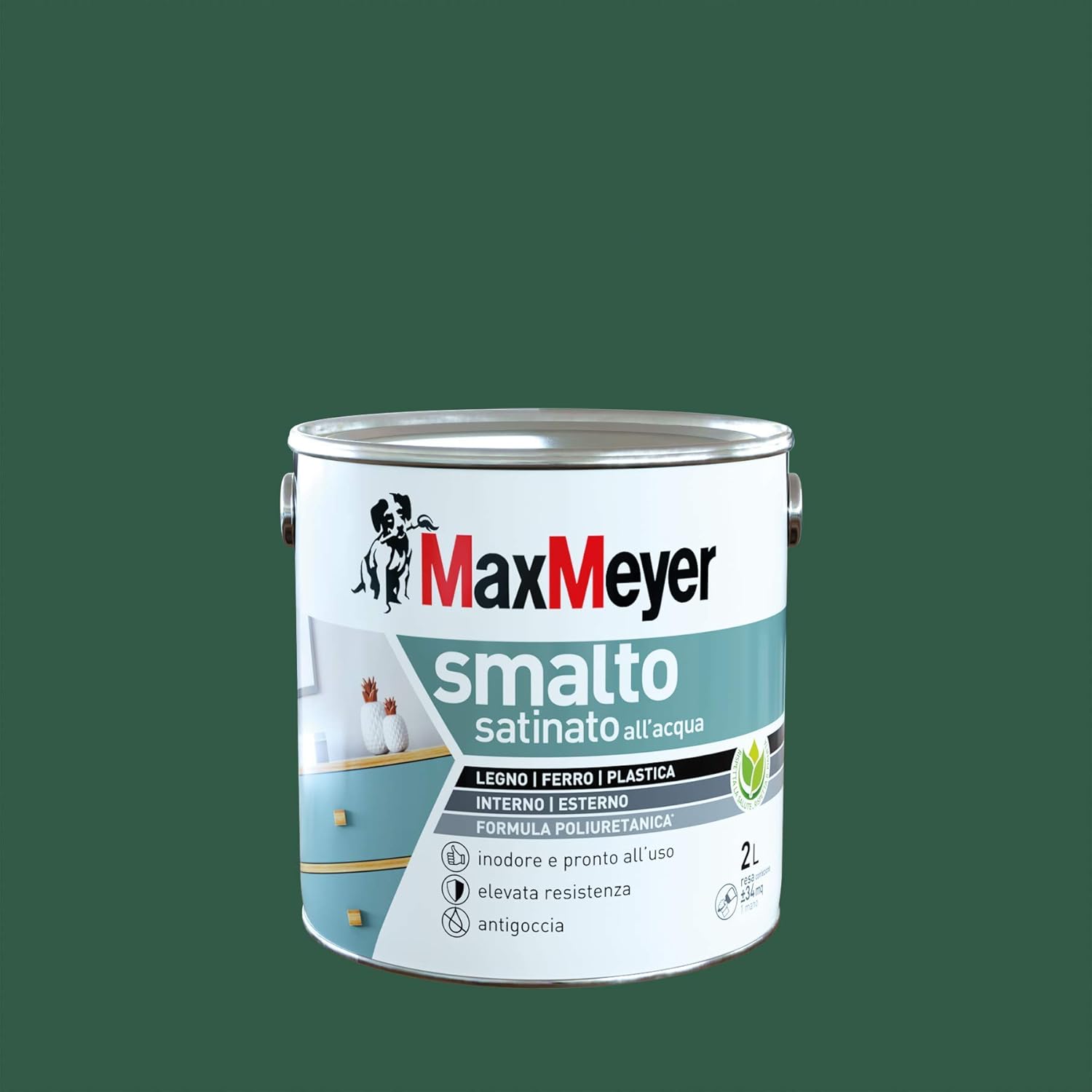 Maxmeyer Smalto All'Acqua Poliuretanico Satinato Verde Scuro 2 L