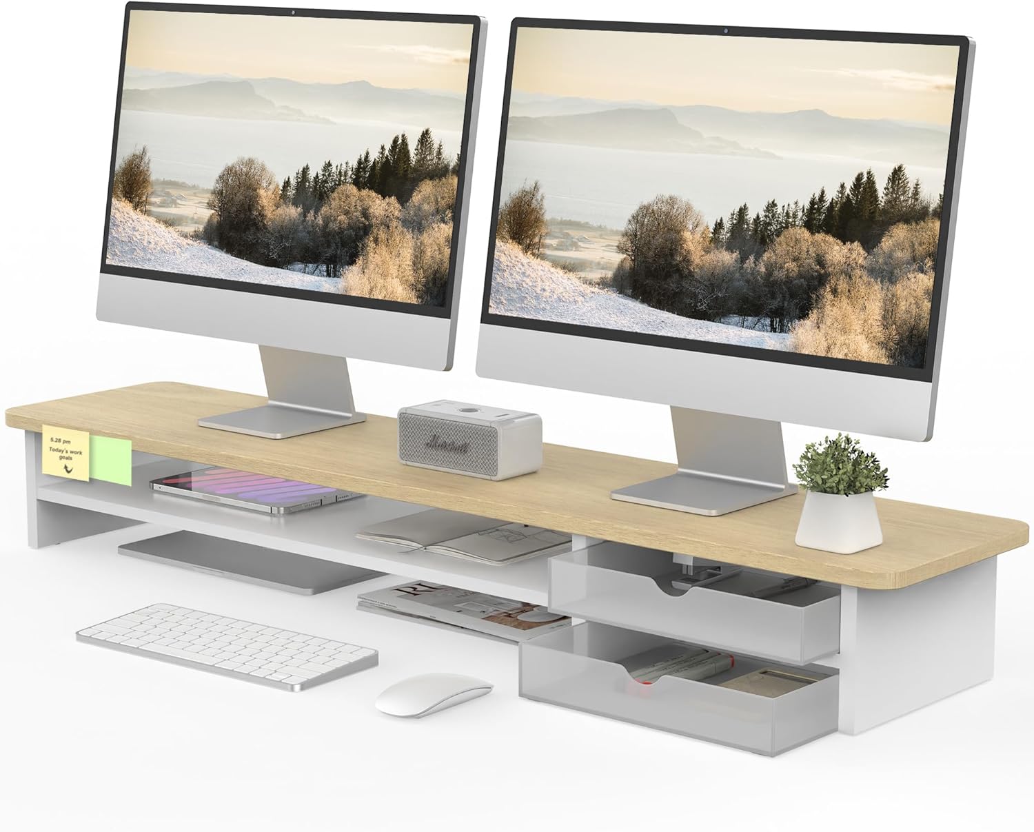 Fenge Supporto Doppio Monitor con 2 Cassetti Acrilico