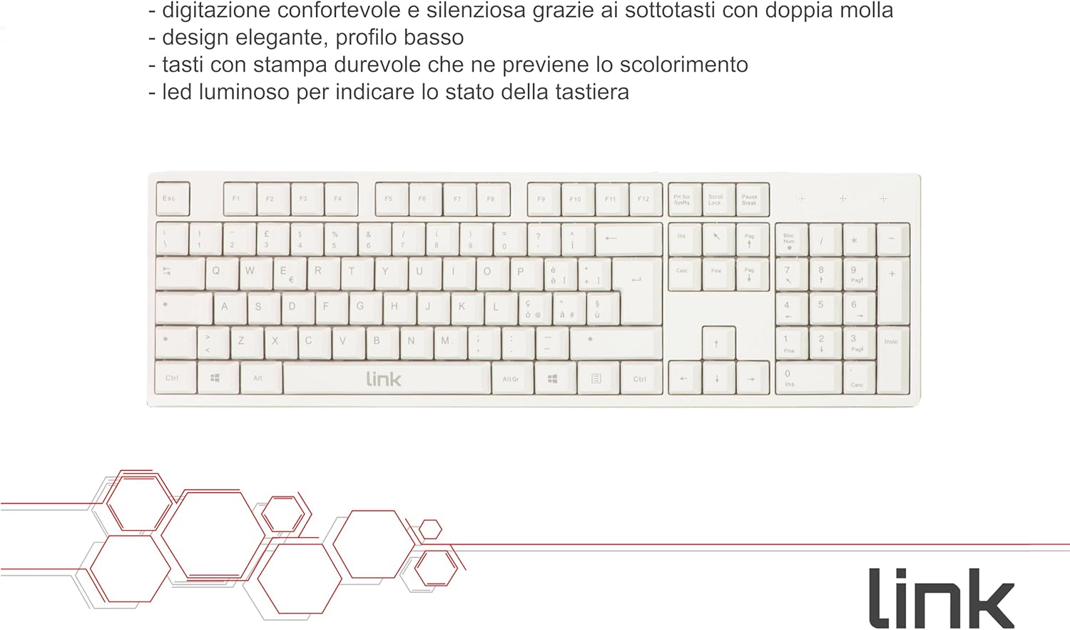 Link Tastiera Italiana 105 Tasti, USB, Bianco - immagine 2