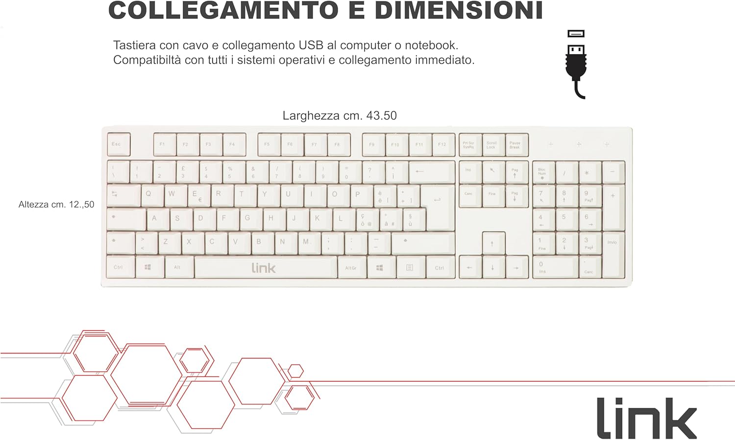 Link Tastiera Italiana 105 Tasti, USB, Bianco - immagine 3