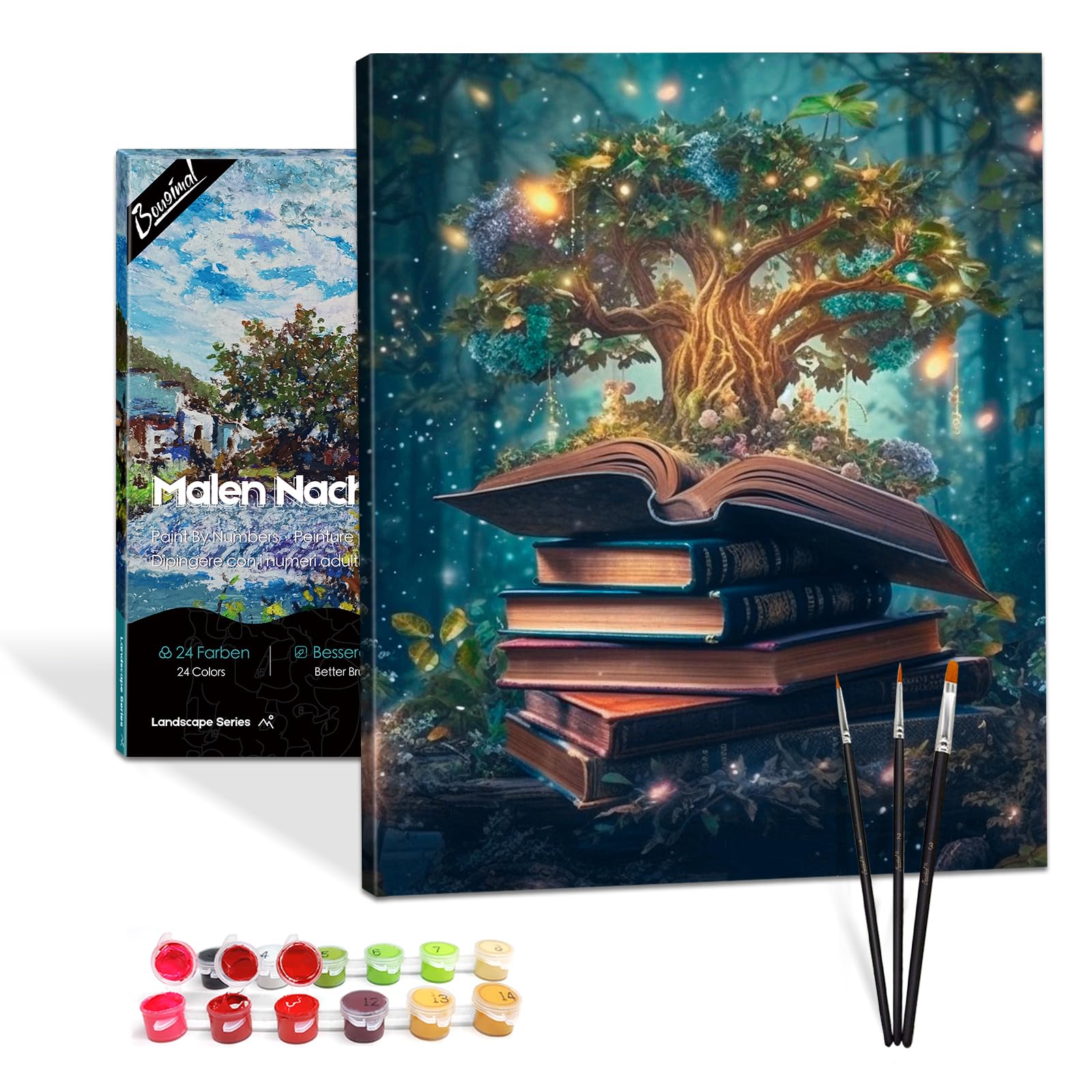 Bougimal Pittura per numeri Paesaggio adulto con cornice, pennelli e colori acrilici - 40 x 50 cm, albero magico