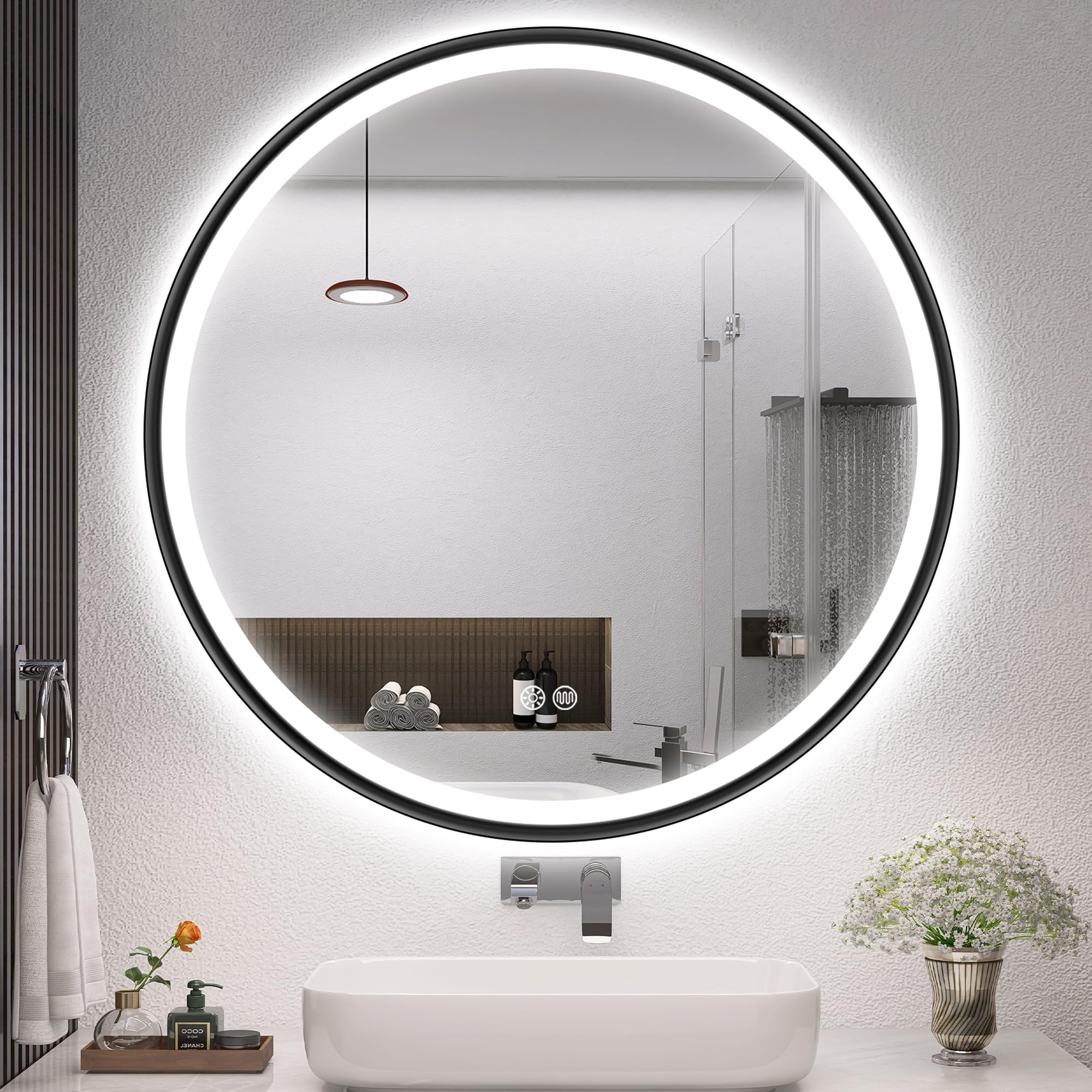 S'bagno Specchio da Bagno Rotondo Illuminato 700mm, Nero