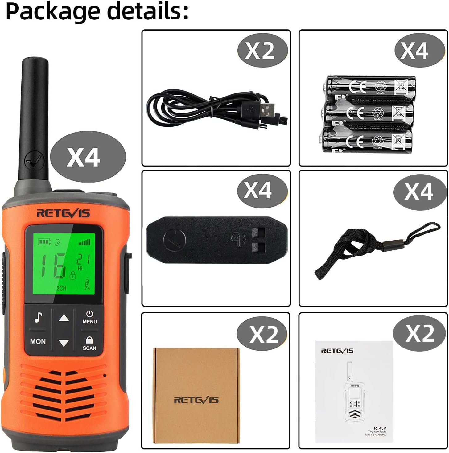 Retevis RT45P Walkie Talkie PMR446 IP67 Ricaricabile (4 pezzi) | Velz