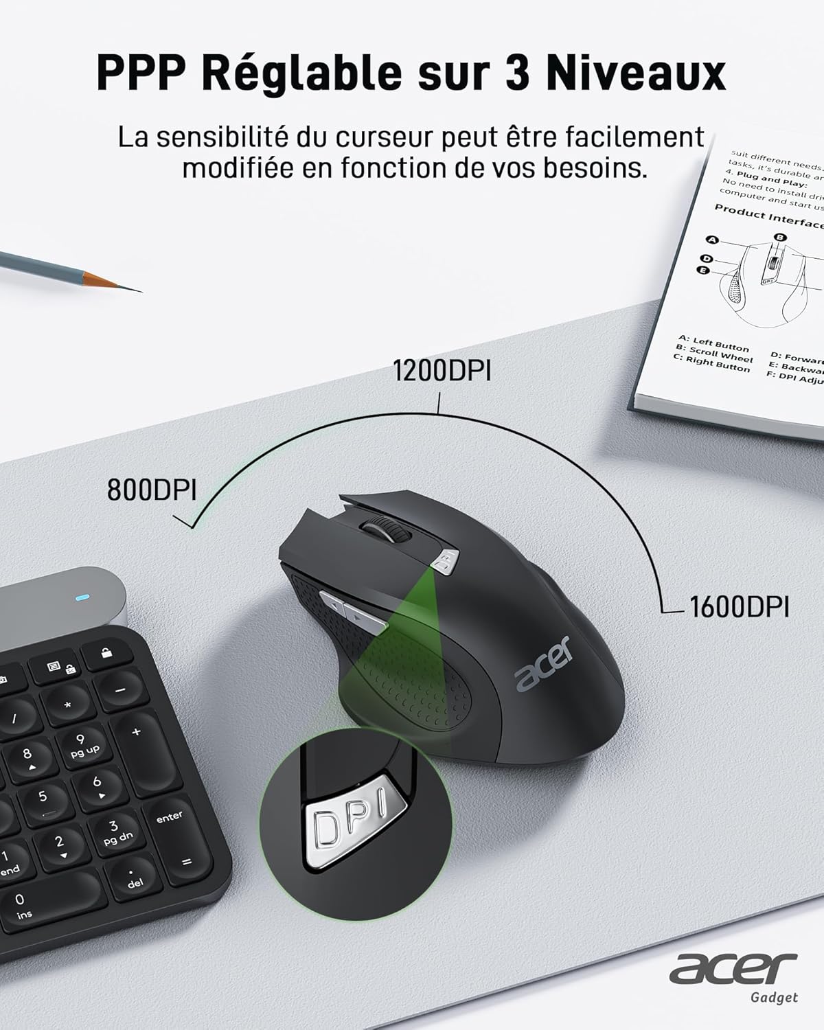 Acer Mouse Wireless USB 2.4 GHz Ergonomico - immagine 2