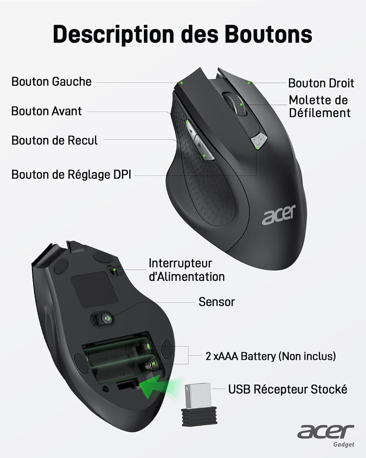 Acer Mouse Wireless USB 2.4 GHz Ergonomico - immagine 6