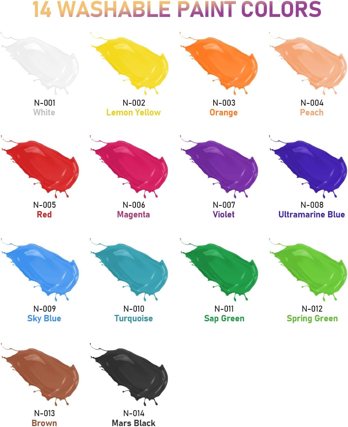 Nicpro 14 Colori Acrilici Lavabili per Bambini 500ml - immagine 6