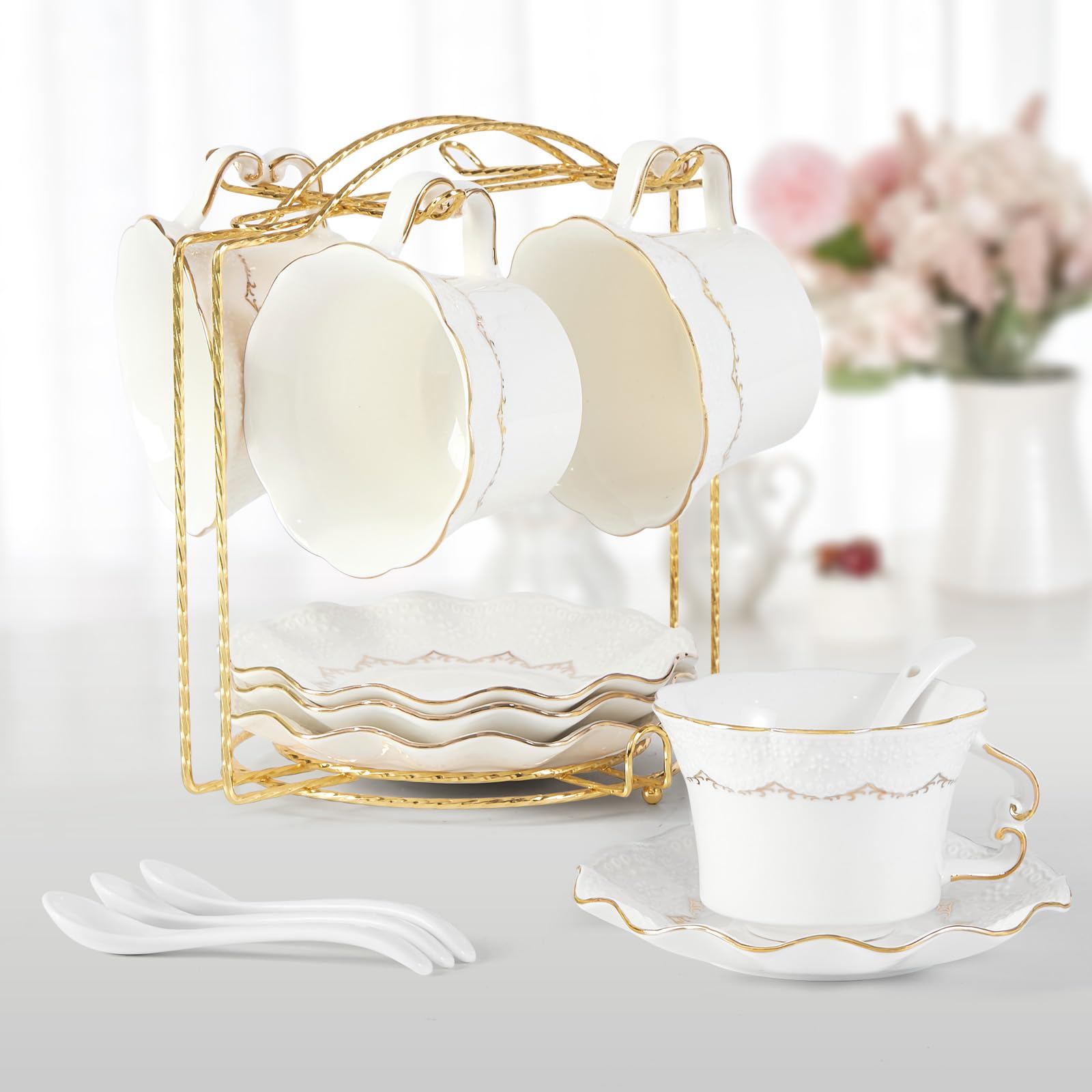 Dujust Set 4 Tazze da Tè e Piattini 200ml - Bianco