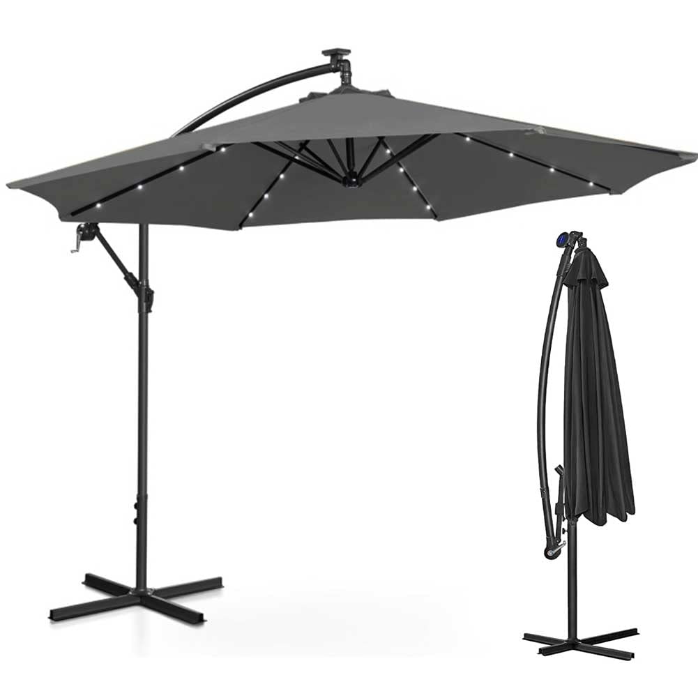 BAKAJI Ombrellone da Giardino Terrazzo con Luce 32 LED e Pannello Solare Dimensioni 3x3 Mt Richiudibile Palo Laterale Decentrato Acciaio Base Croce in Tessuto Anti UV