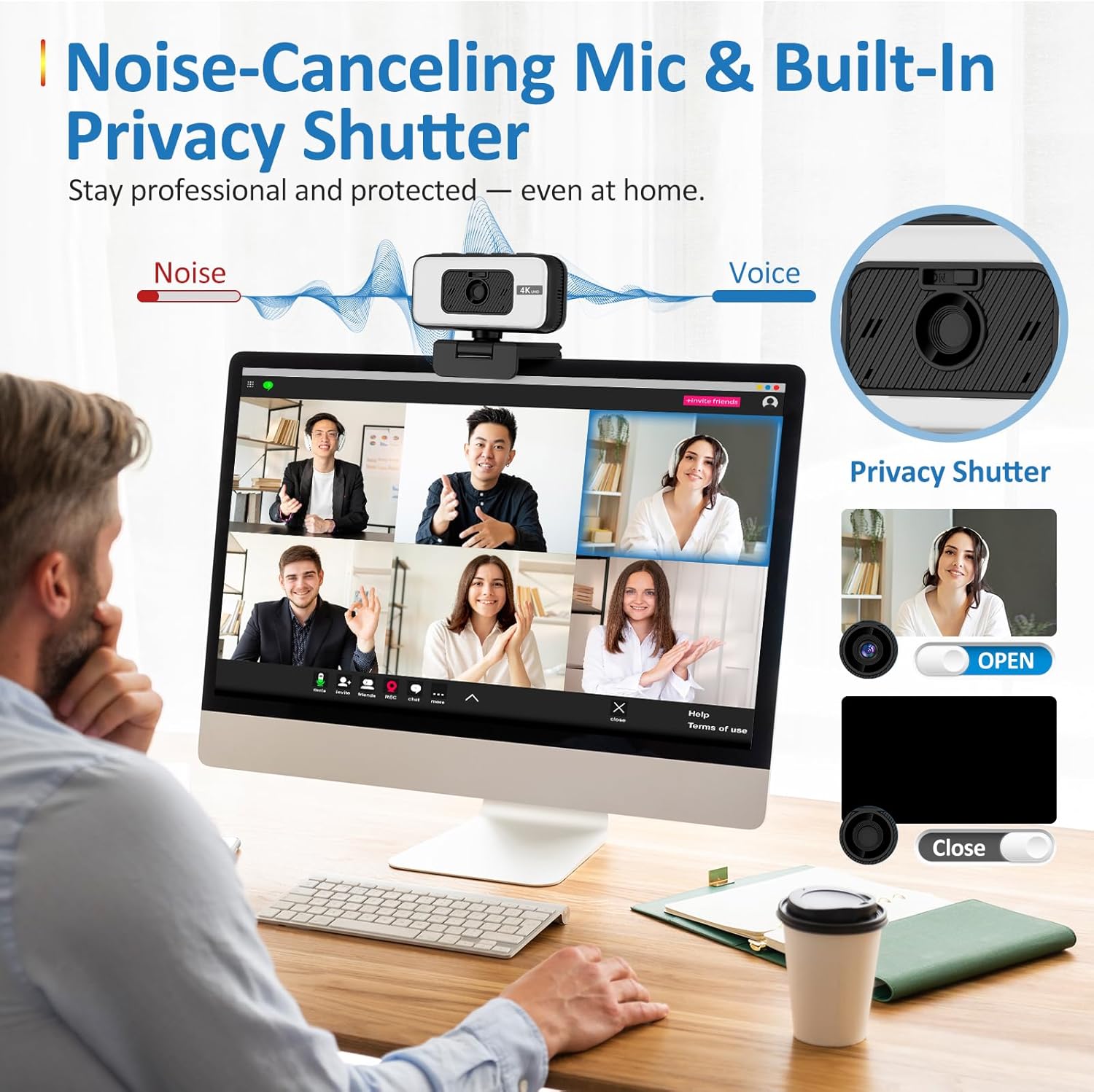 Webcam 4K con Luce e Zoom, Autofocus UHD - immagine 5