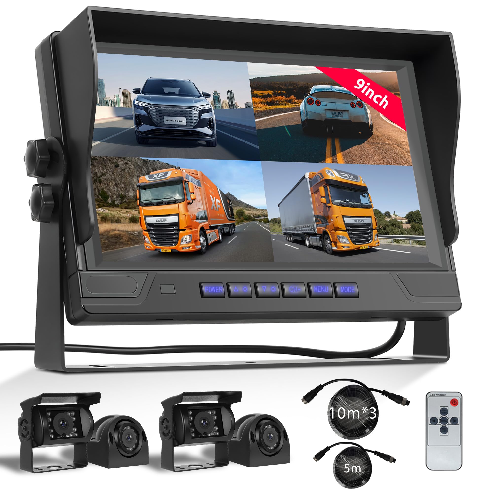 Kit 4 Telecamere Retromarcia Con Monitor 9" | Schermo Diviso IP68 | Visione Notturna | DVR Loop | Per Camion E Camper | Cavi Fino A 35m