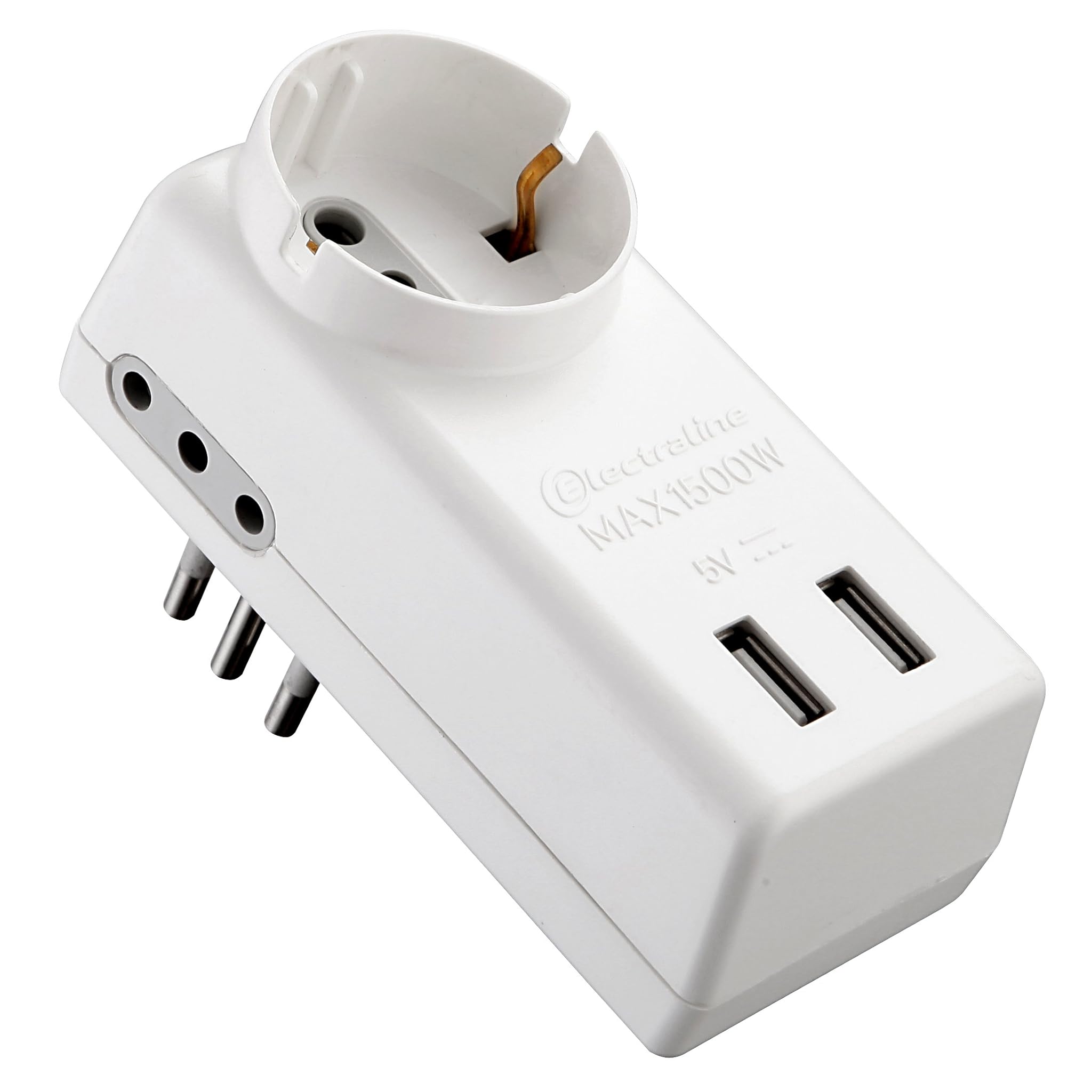 Electraline 71039 Adattatore Multipresa USB, 1 Presa Universale, 2 Prese Bivalenti, Spina 10A 230V, Bianco